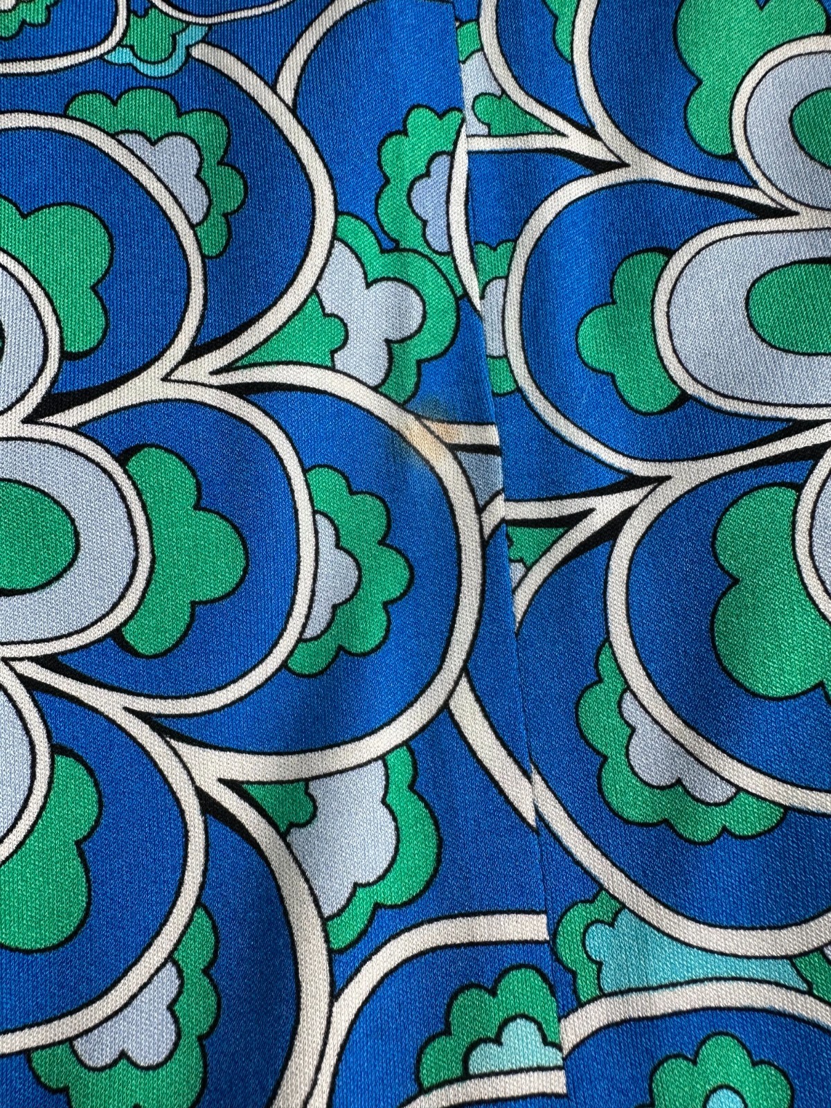 Averardo Bessi 1980s Geometric Floral Print Blue Green Silk Jersey Vintage Dress