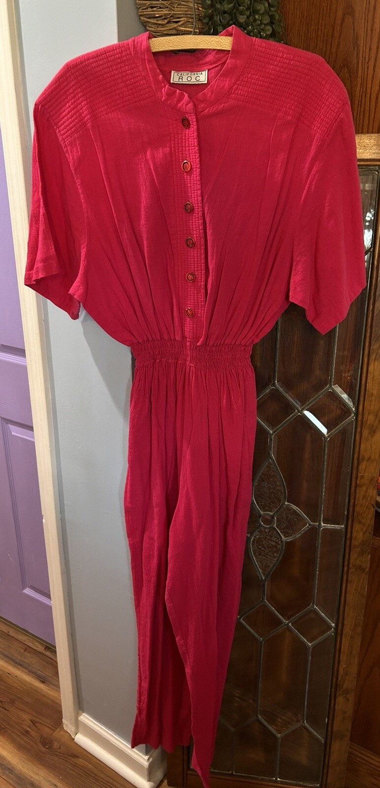 Vintage 80s California R O C ROC Jumpsuit Red Pink Elastic Waist Glam Romper M L