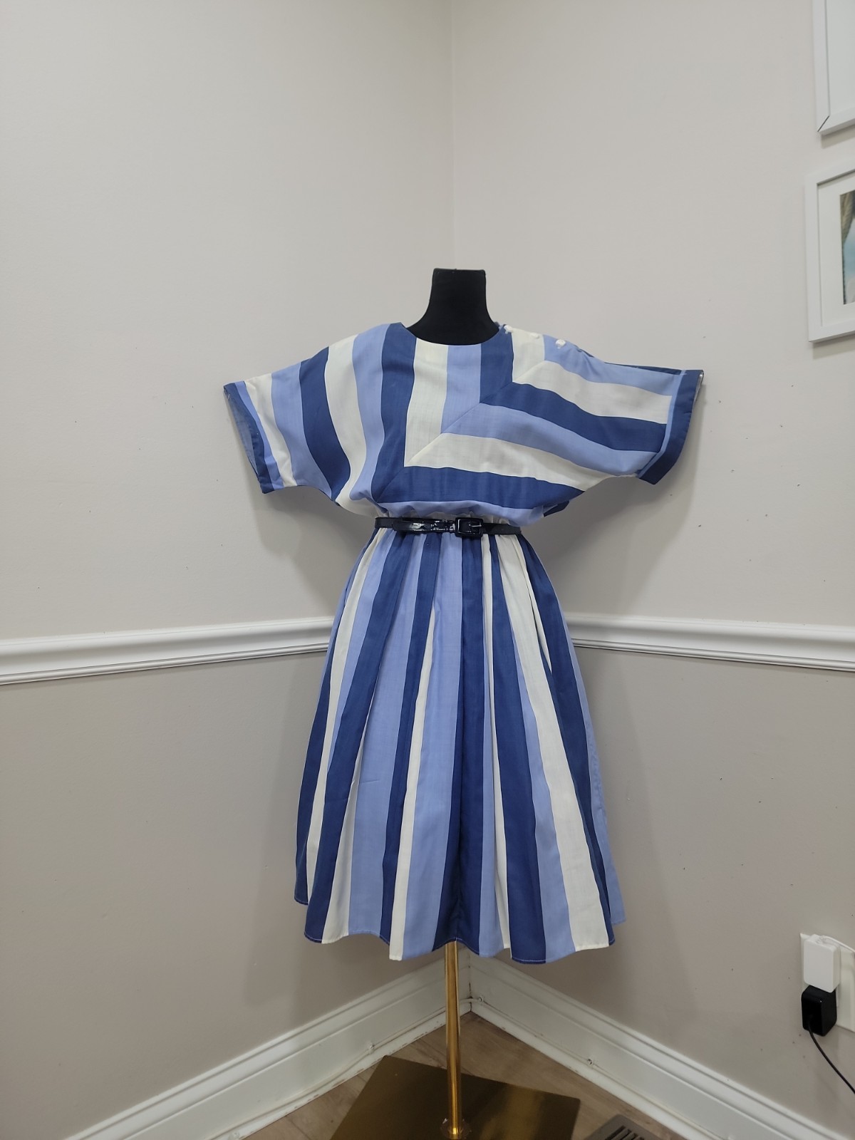 80s Blue White Striped Dolman Sleeve Pleated Dress Belted Nautical Party Dress