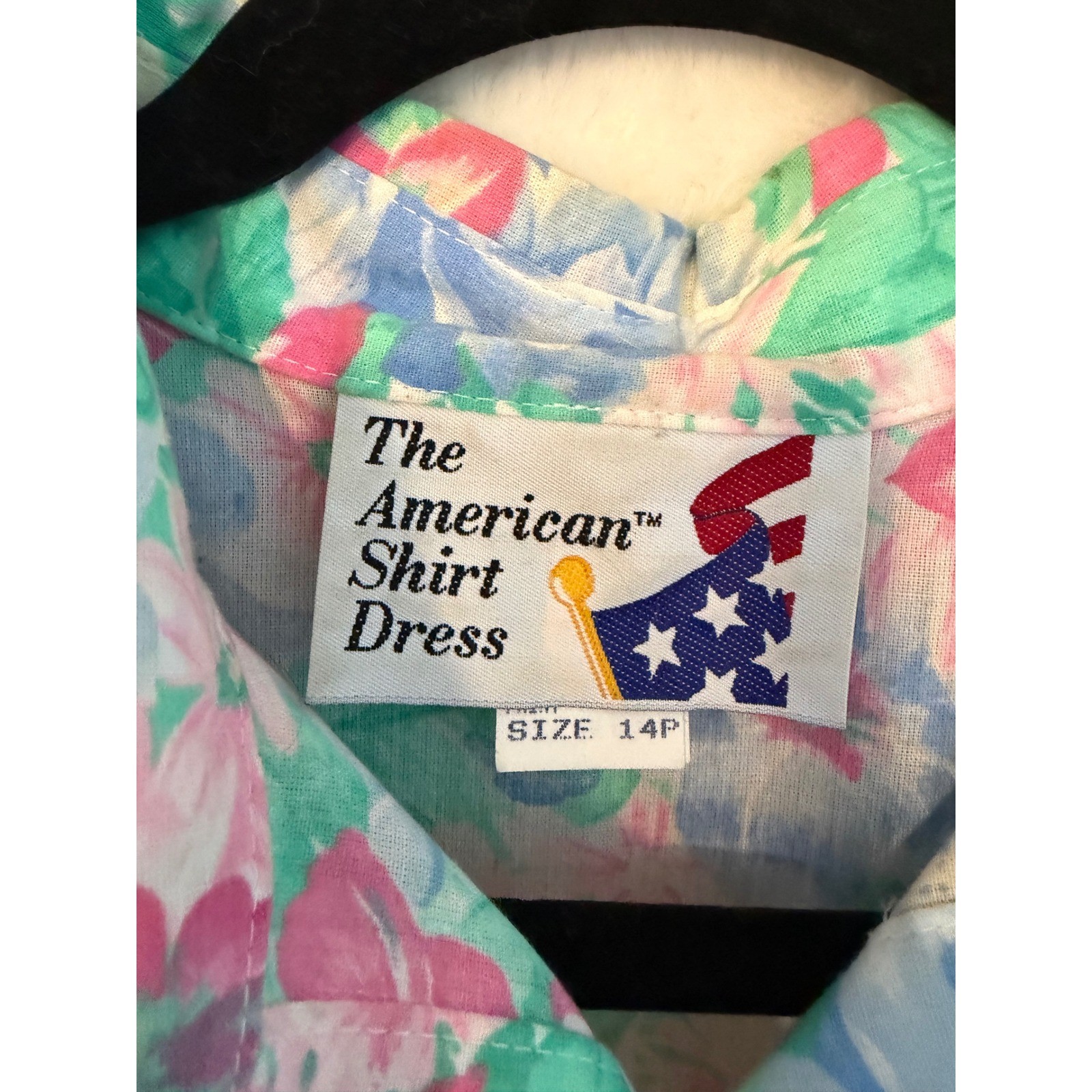 Vintage The American Shirt Dress Floral Cotton Midi Dress Pink Blue 14P USA Made