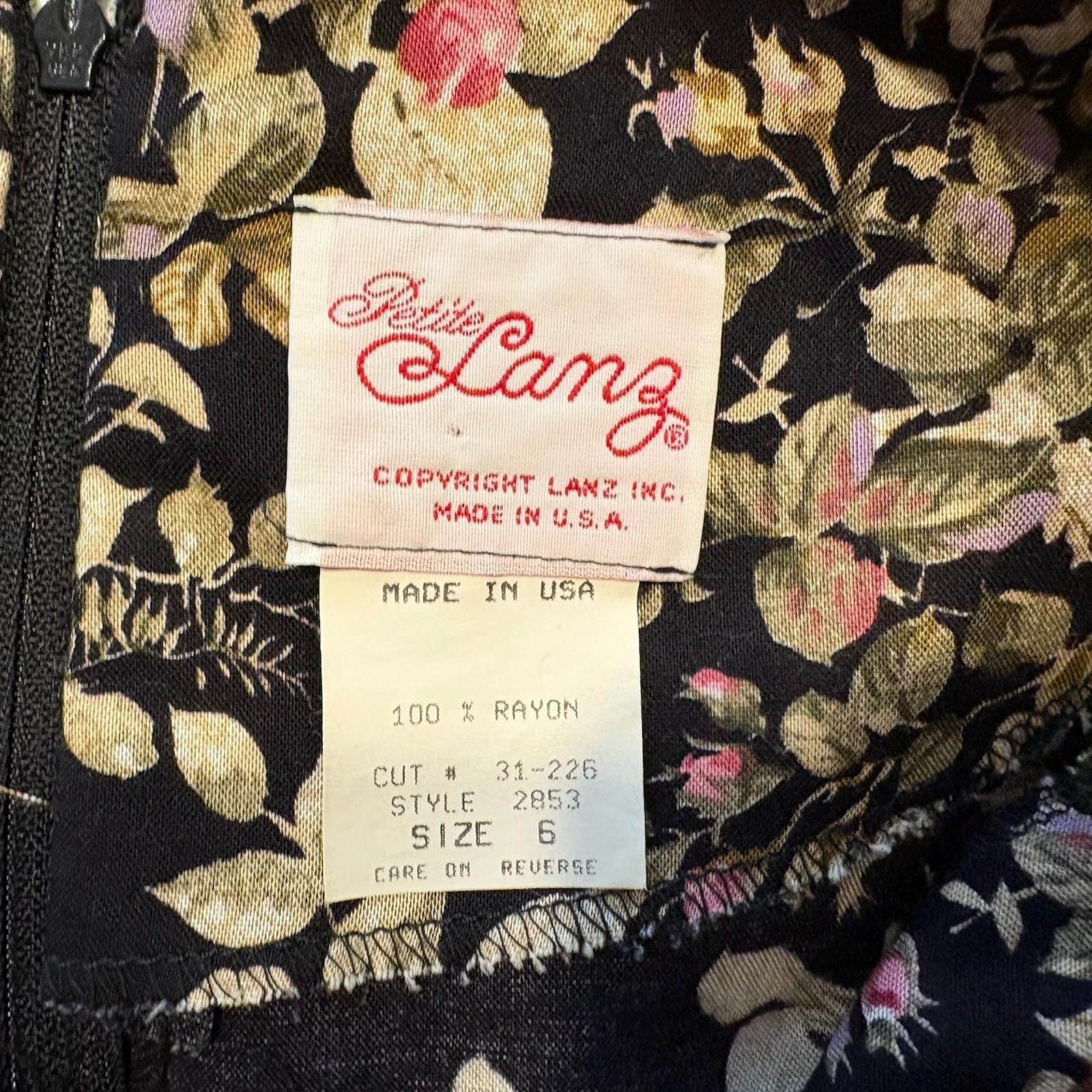 VTG Lanz 6 Petite Pink/Olive Floral On Black Midi Tea Dress W/Belt Full Puffy