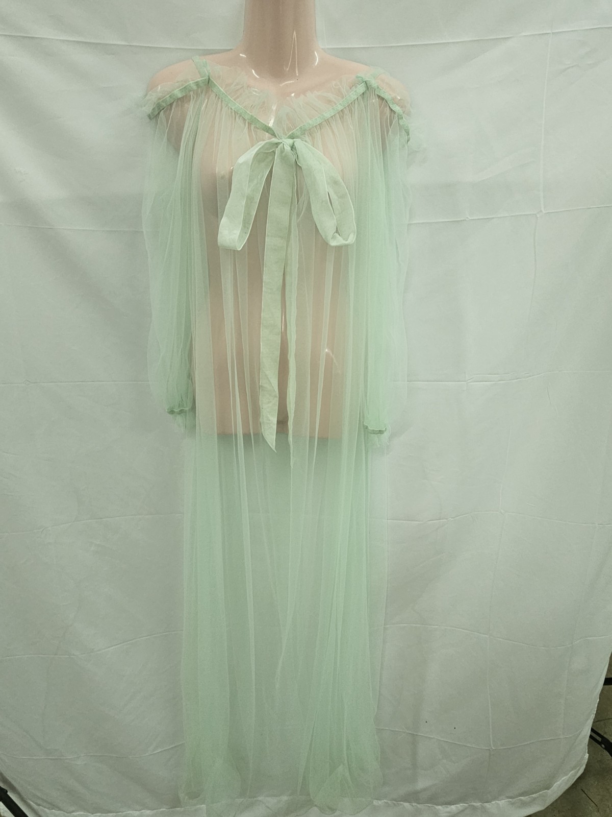 Vintage 1970s Mint Green Sheer Nylon Maxi Nightgown Off-Shoulder Billow Sleeve