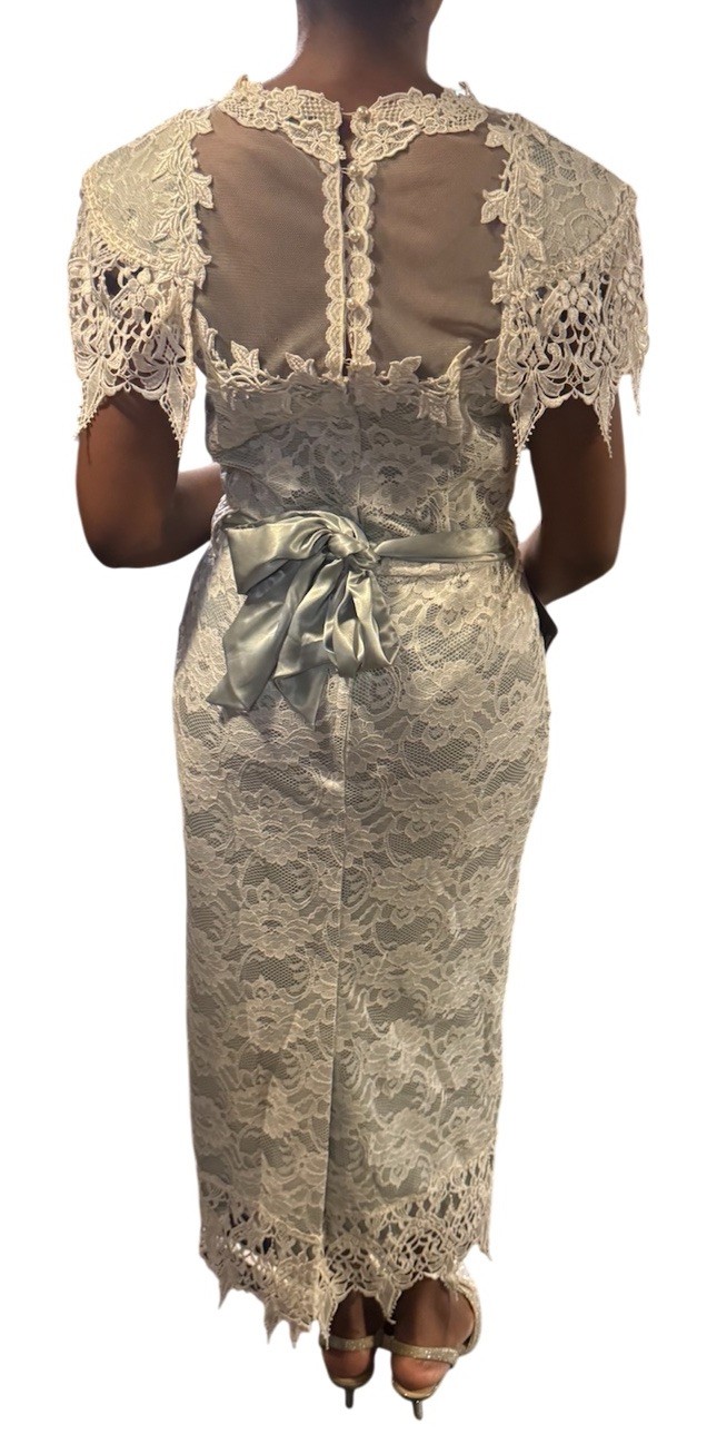 Vintage 80s Lorrie Kabala Lace Dress Victorian M 8 Seafoam Green Cream Lace