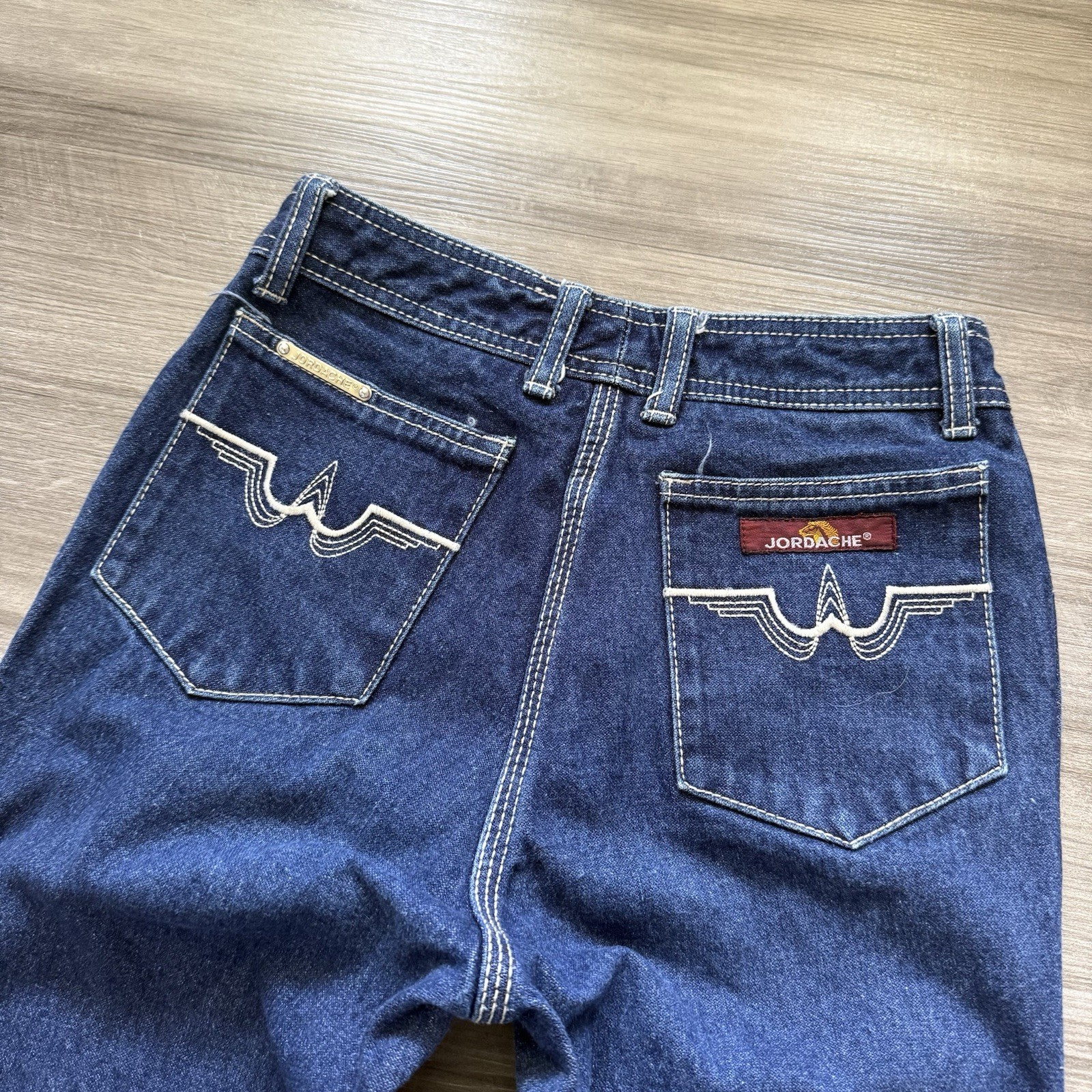 Vintage Jordache Horsehead Jeans Size 26×32 70s White Stitch High Waist Raw Hem