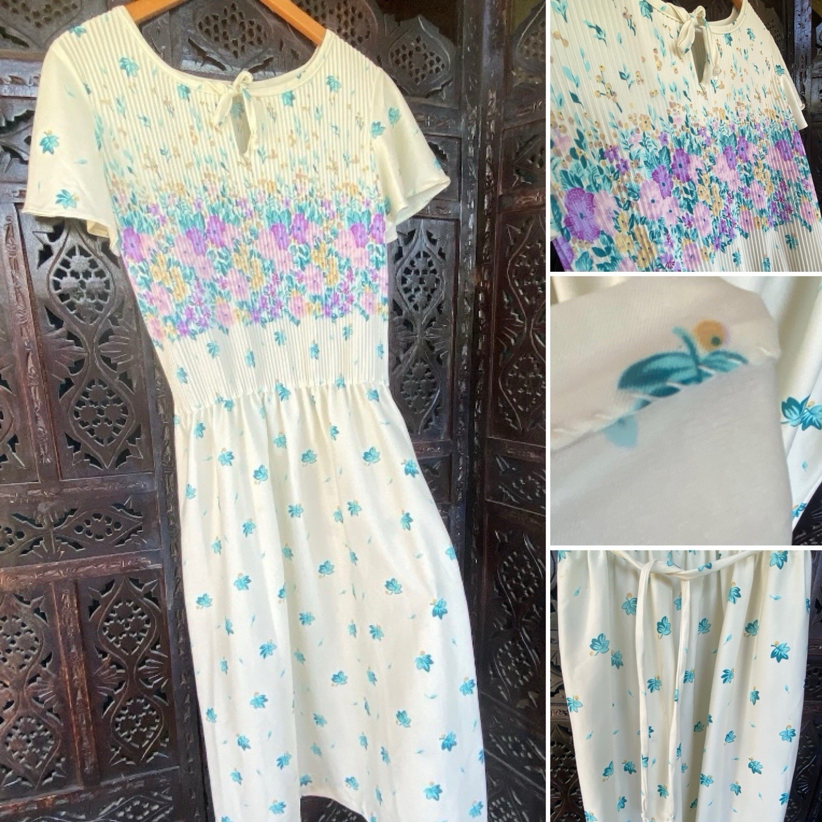 VTG Handmade Floral Leaf Pleated Dress Womens S/M Pastel Cottagecore Prairie S/S