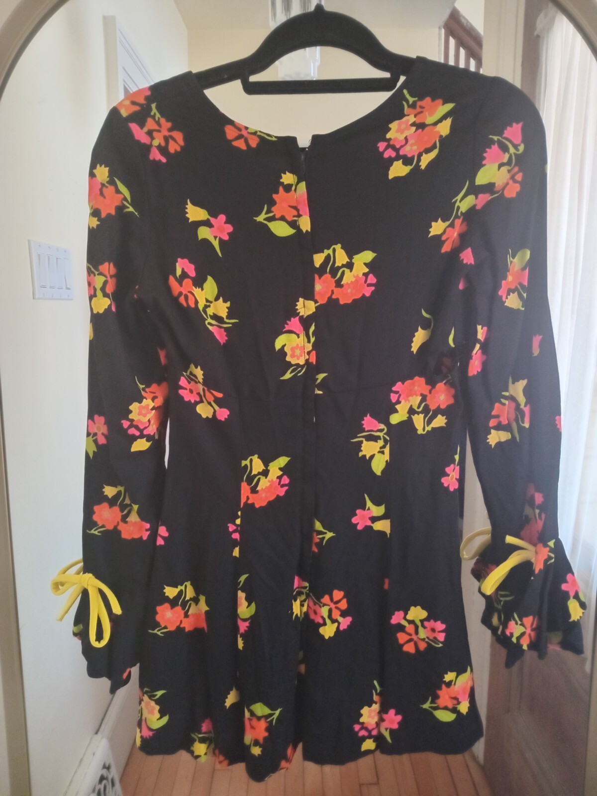 Vintage 60s Black Neon Pink Yellow Floral Mini Dress Mod Go Go Hippie Rare S