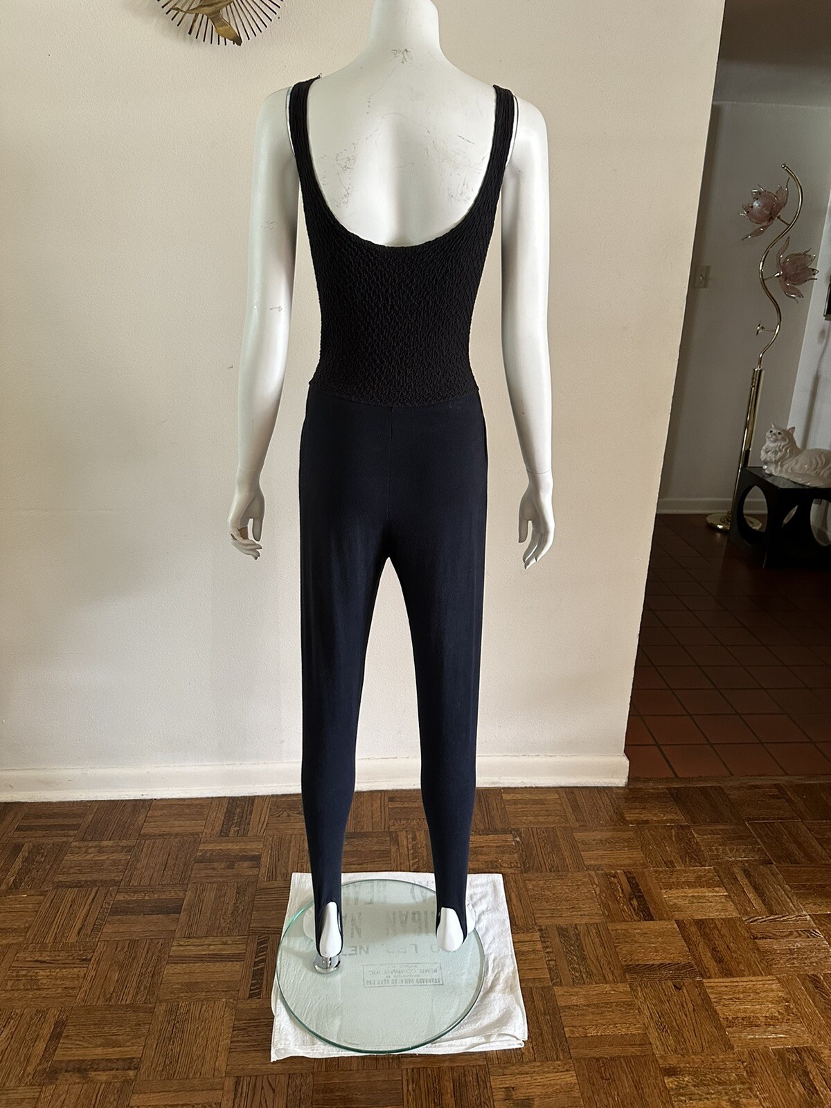 1990s Bettina Riedel NY Stirrup Pant Jumpsuit Romper Pleated Black Catsuit S VTG