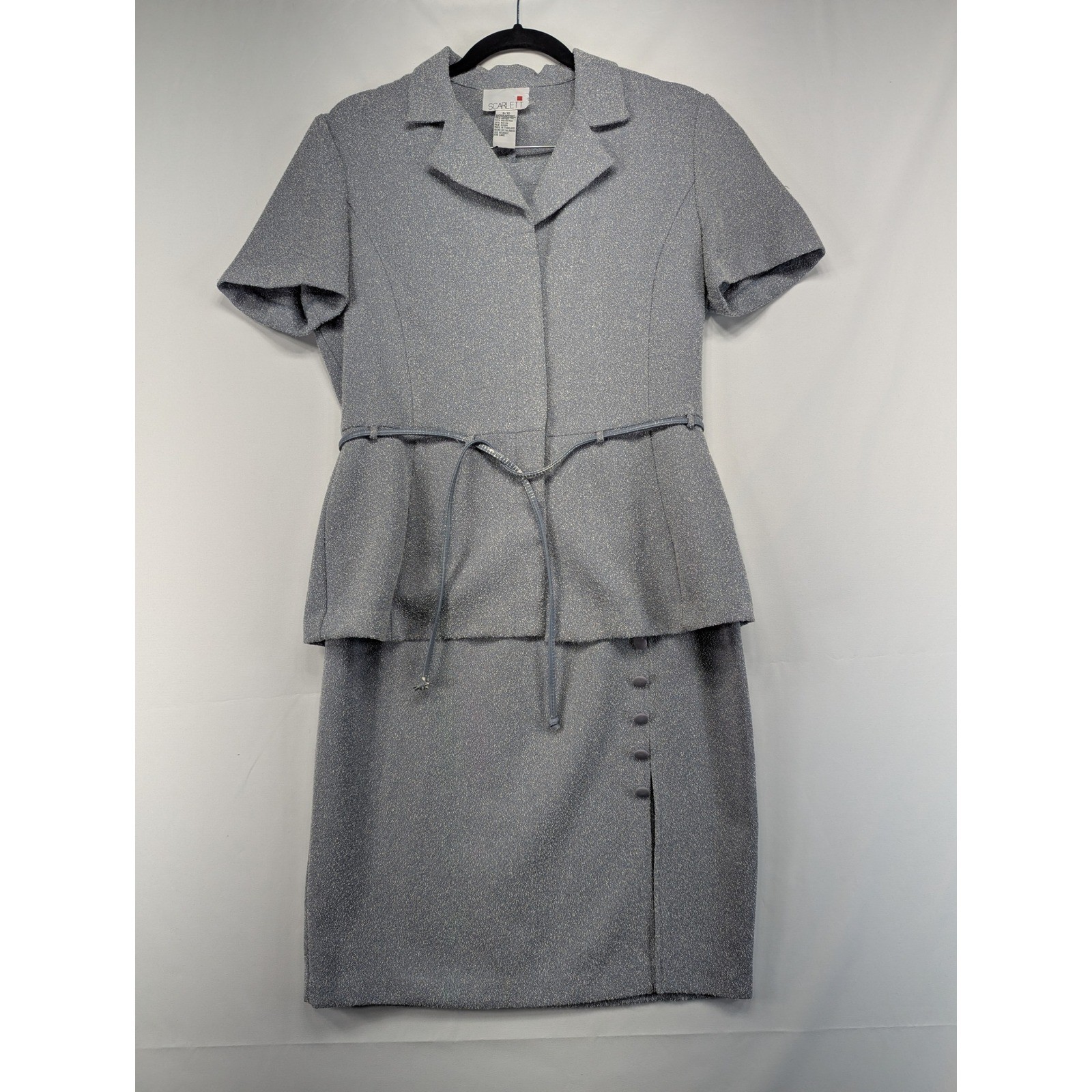 Scarlett Vintage Silver Blue Metallic Peplum Skirt Suit Set 9/10 Short Sleeve