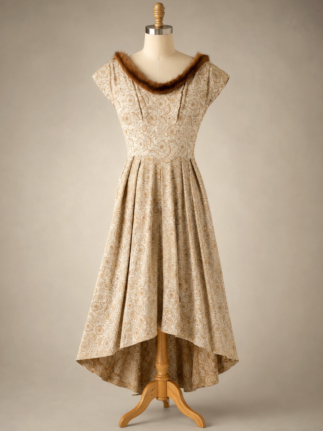 1950 BROCADE CHAMPAGNE FLORAL HI LOW GOWN MINK FUR COLLAR TAUPE GOLD DRESS XS-S