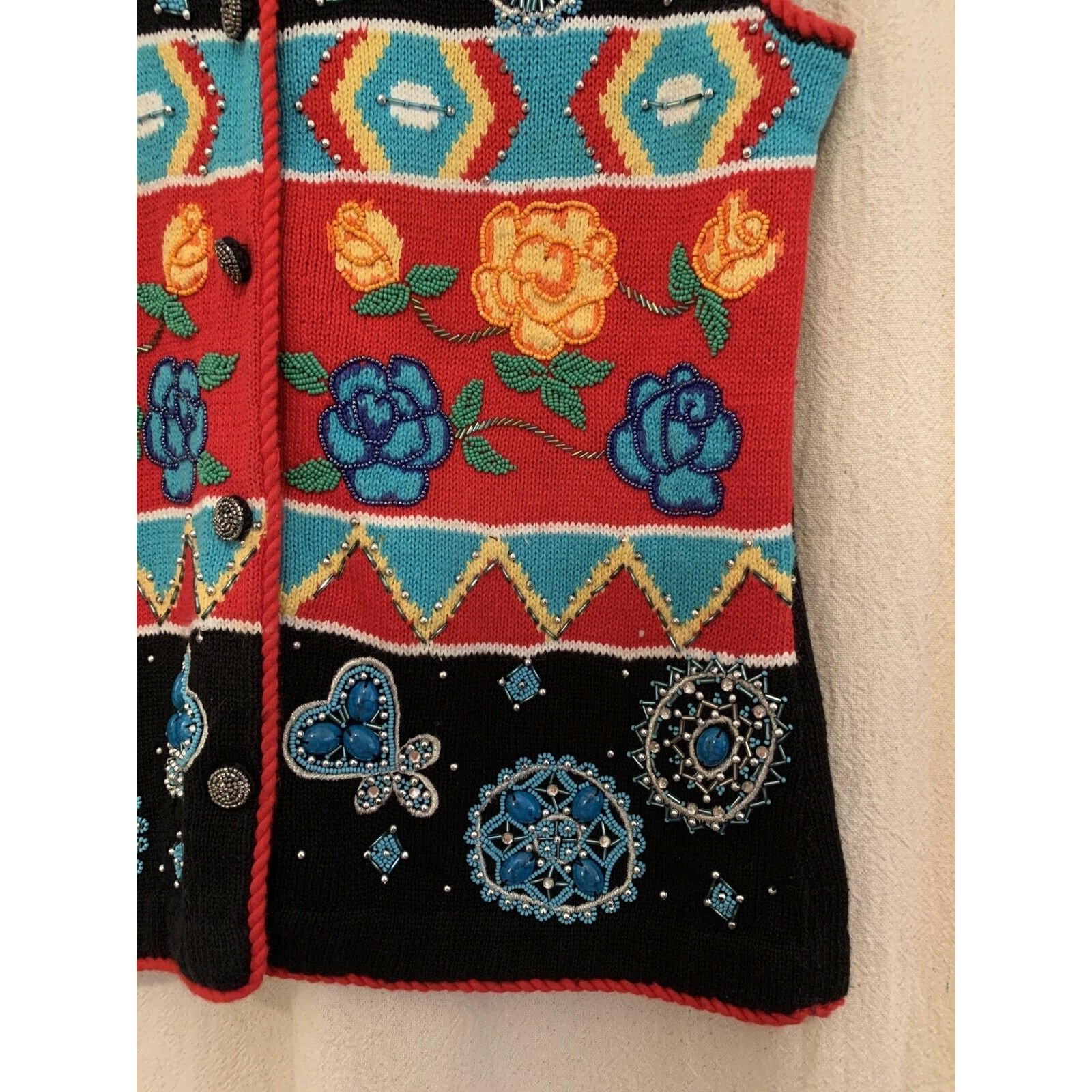 1990s BellePointe Western Navajo Turquoise Floral Rodeo Festival Sweater Vest S