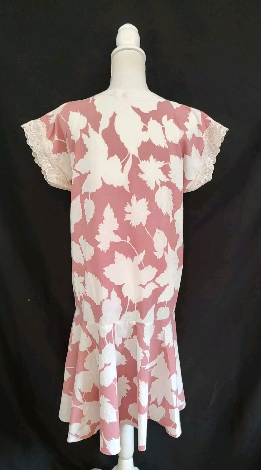 80’s Vintage Dress Rose Pink & White Drop Waist Day V Neck Ruffle Hemline Sz M