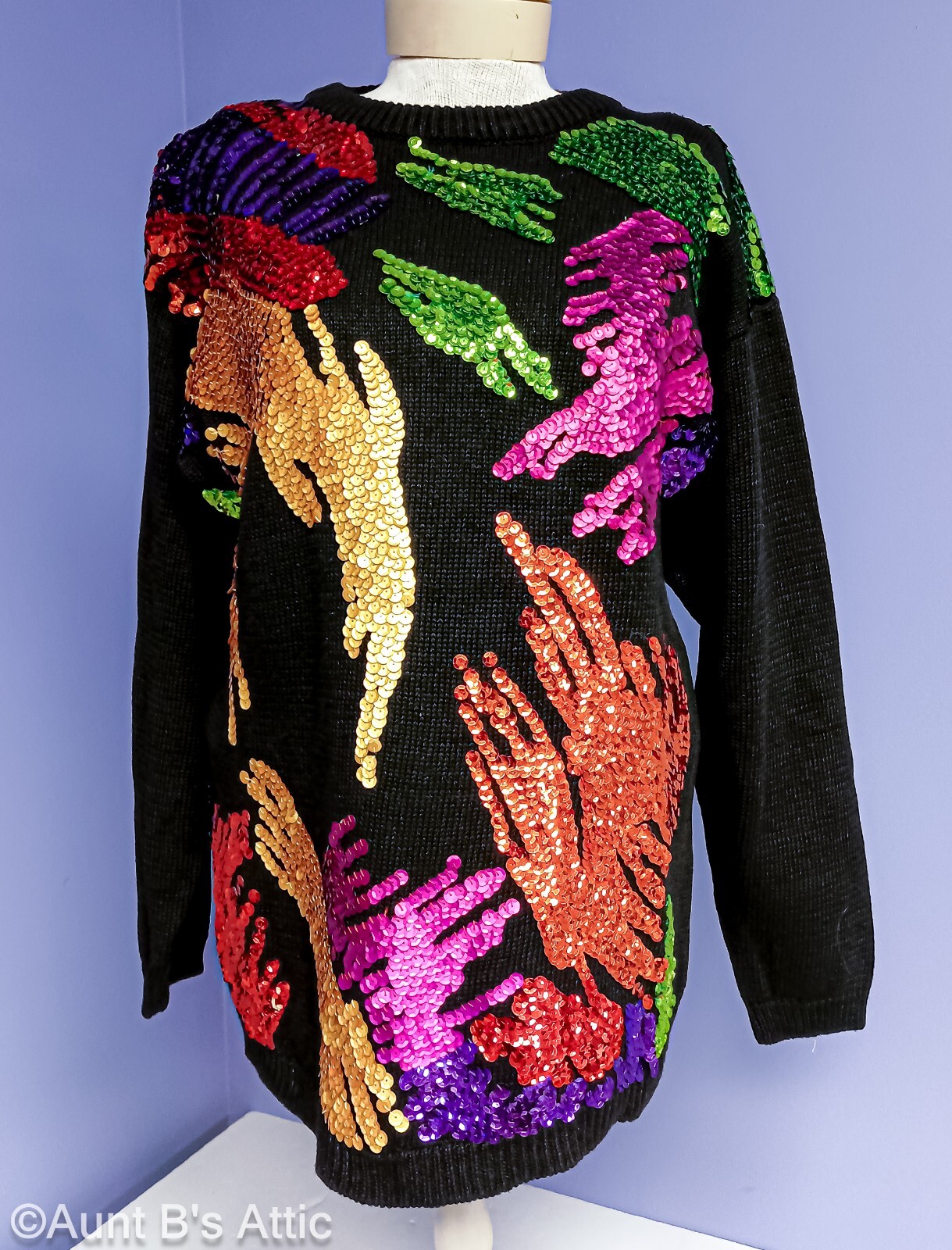 Vtg 80’s Eminent Blk Cotton Pullover Sweater W/Colorful Abstract Sequin Design L