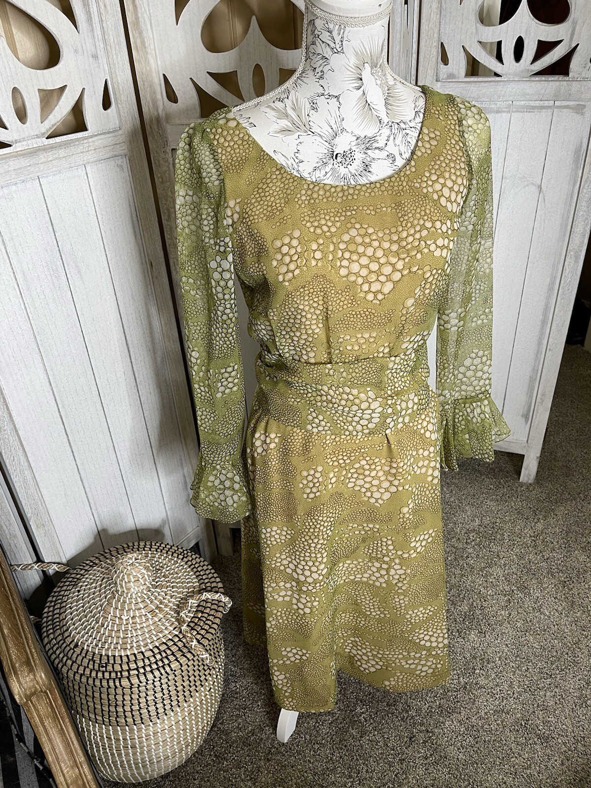 Vintage 60s 70s Vera Hicks Helga Green Yellow Retro Funky Dress Medium Small