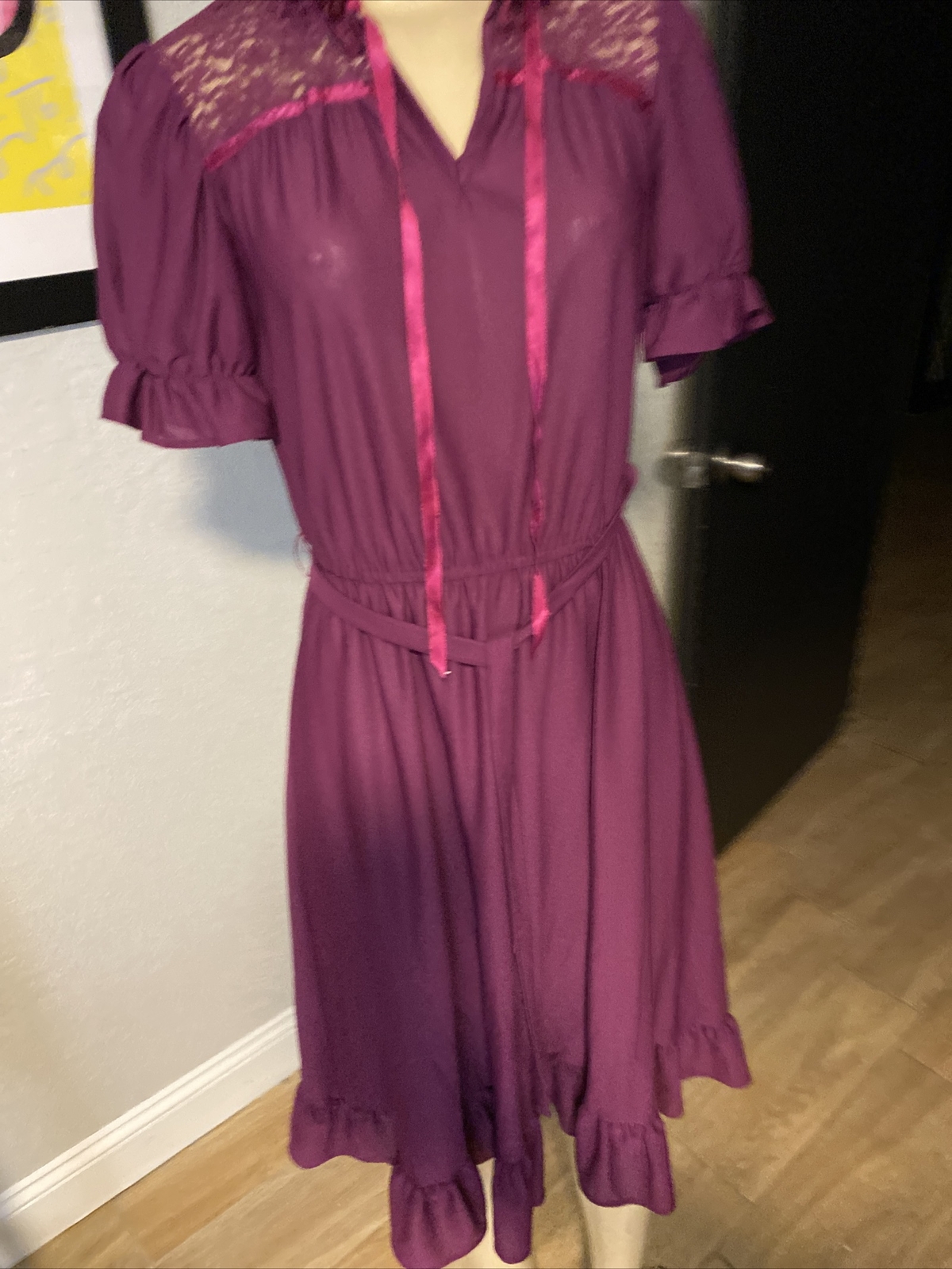 Jerri Gee Vtg 70’s S/S Lace/Ruffle Prairie Boho Victorian Dress Sz 7 PURPLE Y8