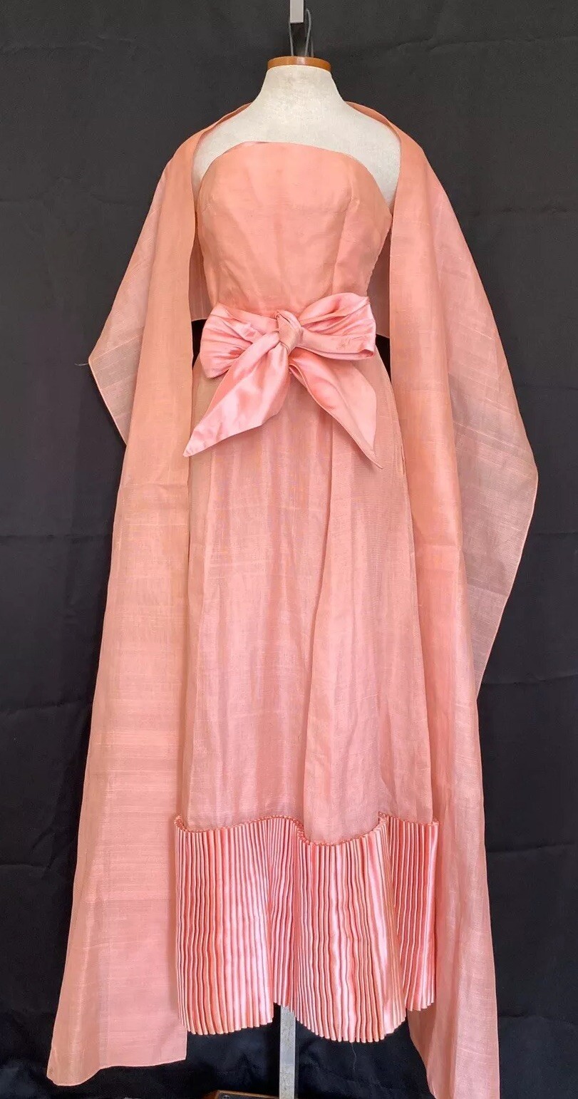 Vtg 60s BONWIT TELLER Dress Salmón Cocktail Bridal Maxi Strapless Silk Shantung