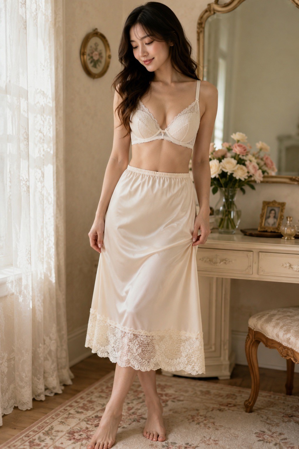 Vintage Applause Satin Half Slip Skirt Lace Hem Side Slit Ivory USA Made