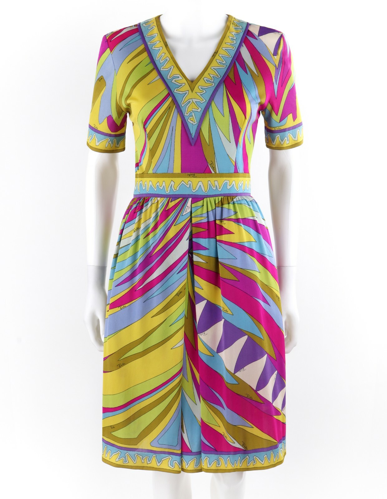 EMILIO PUCCI c.1960’s Abstract Stripe Op Art Signature Print V-Neck Sheath Dress