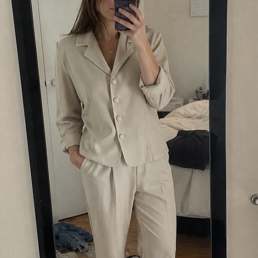 Vintage Dressbarn Beige Pant Suit Set Womens Medium Career Y2K Minimalist Office