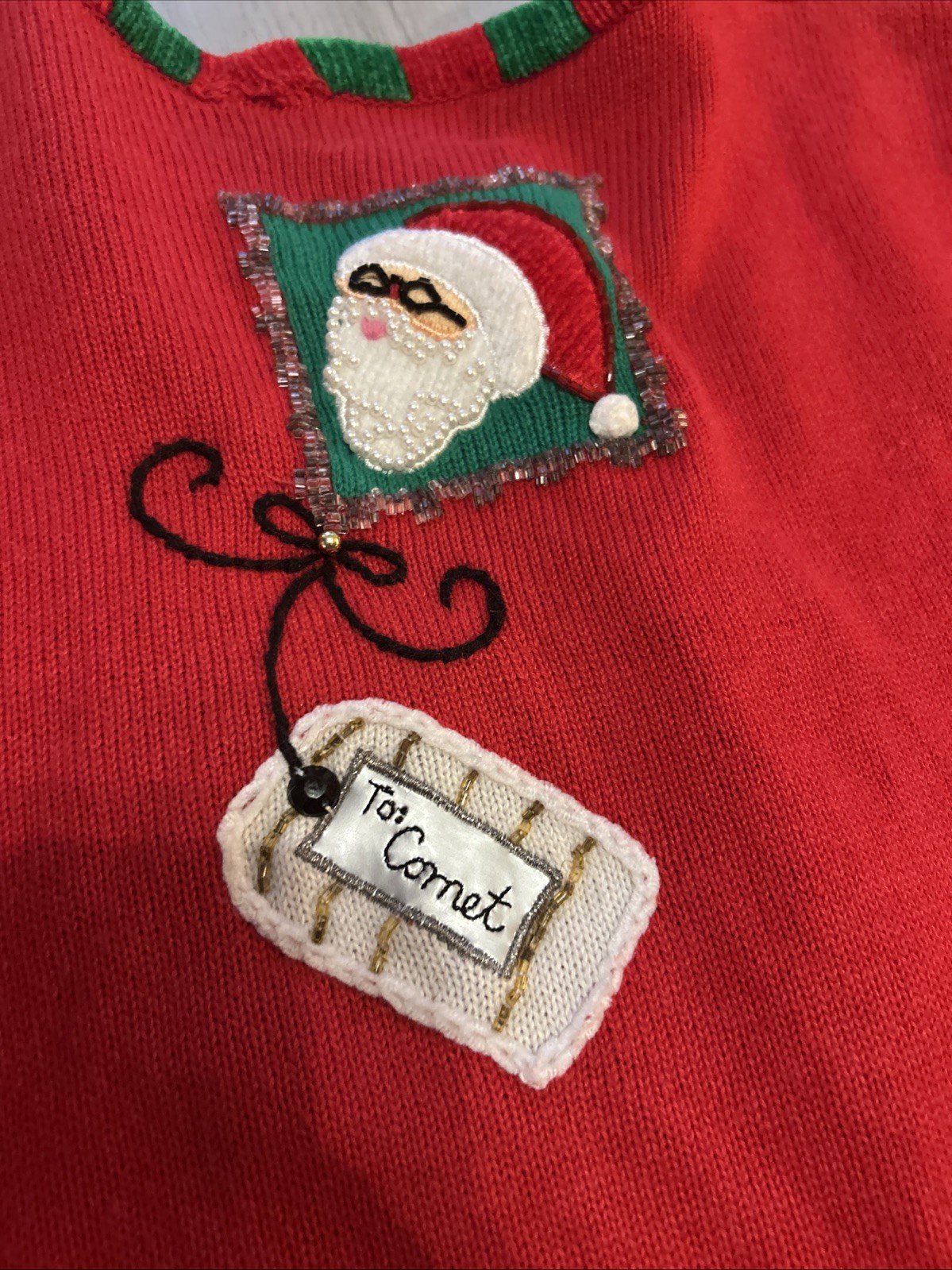 Berek Red Green Christmas Santa Reindeer Gift Tags Beaded Pom Poms Cardigan Sz M