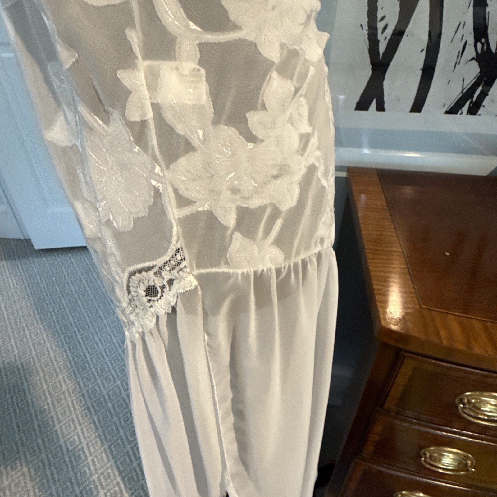 Vtg Blanche White Sheer/satin Lace Lingerie Boho Maxi Night Gown Small 80s slits