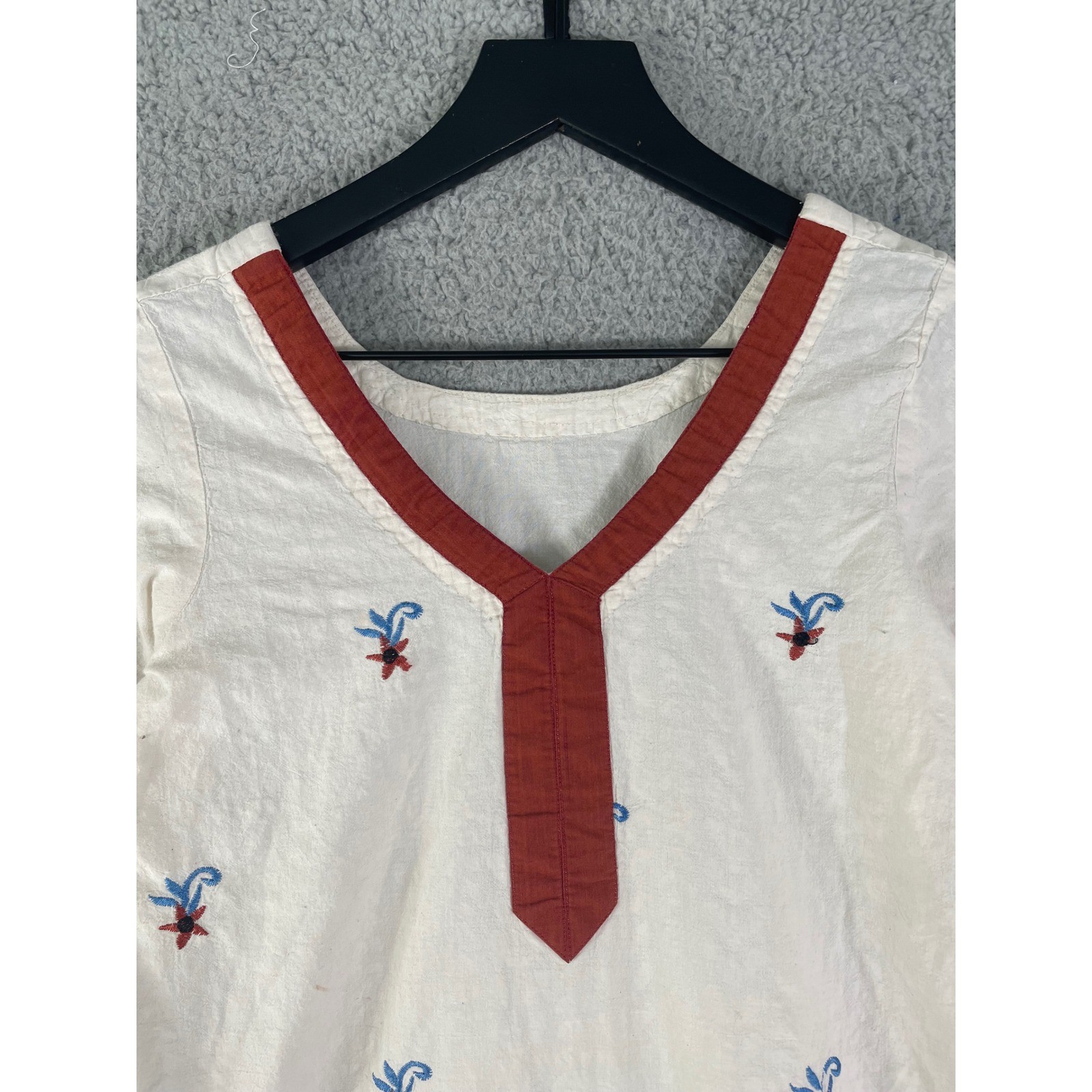 Vintage Hand Embroidered Boho Tunic Dress Cream Rust Blue V Neck Cottagecore