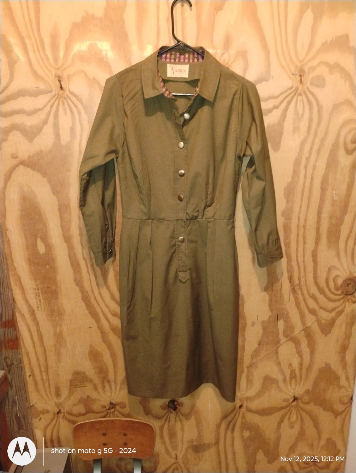 Vintage 1960s Nardis of Dallas Olive Green Shirt Dress Military Style