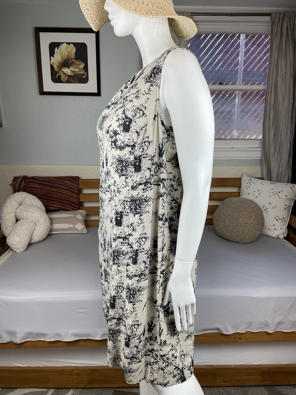 Vintage David Meister Linen Blend Sheath Midi Dress XL Black Cream Toile Print