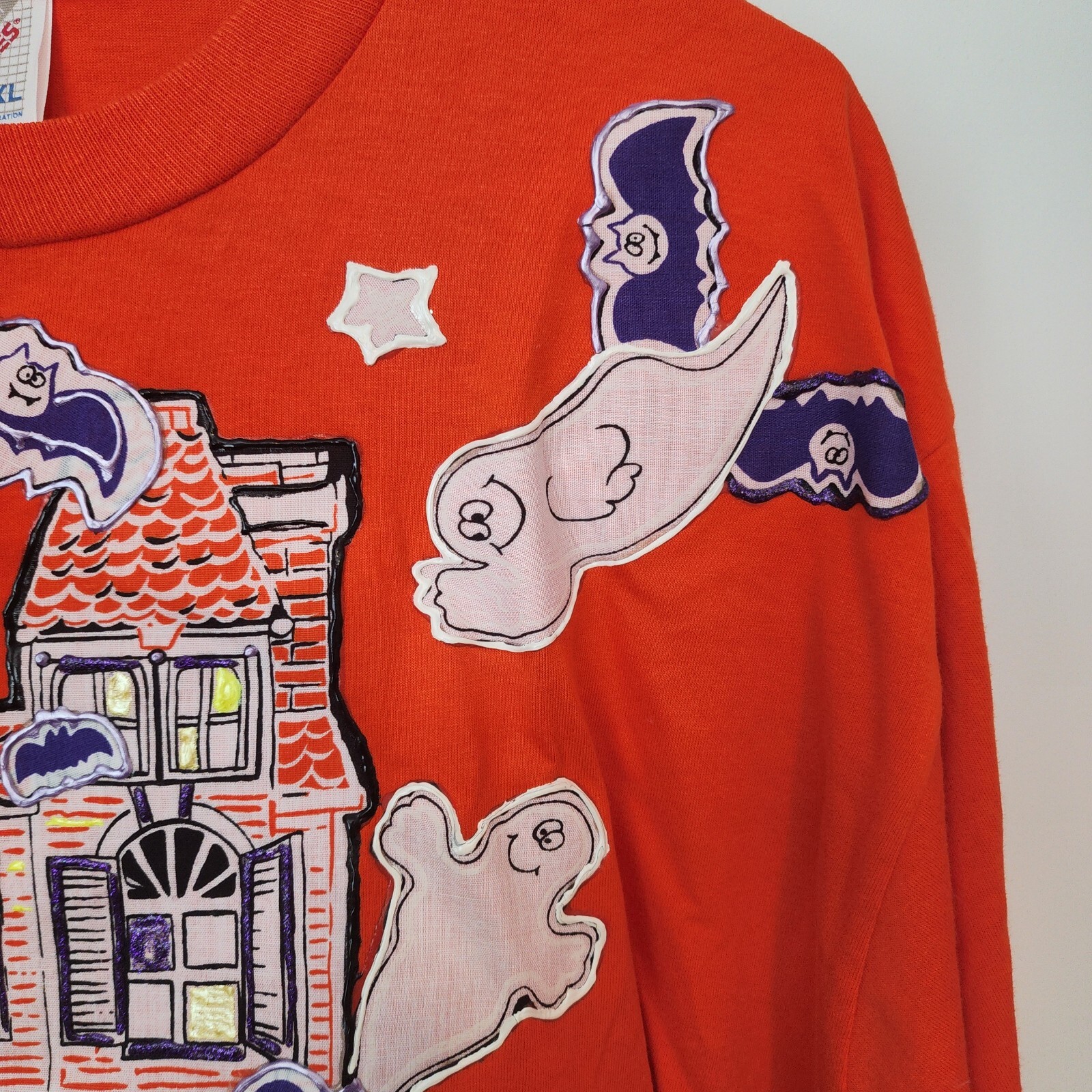 Vtg Jerzees Tee Painted Halloween Pumpkin Bats Ghost Haunted House 80’s 90s XL