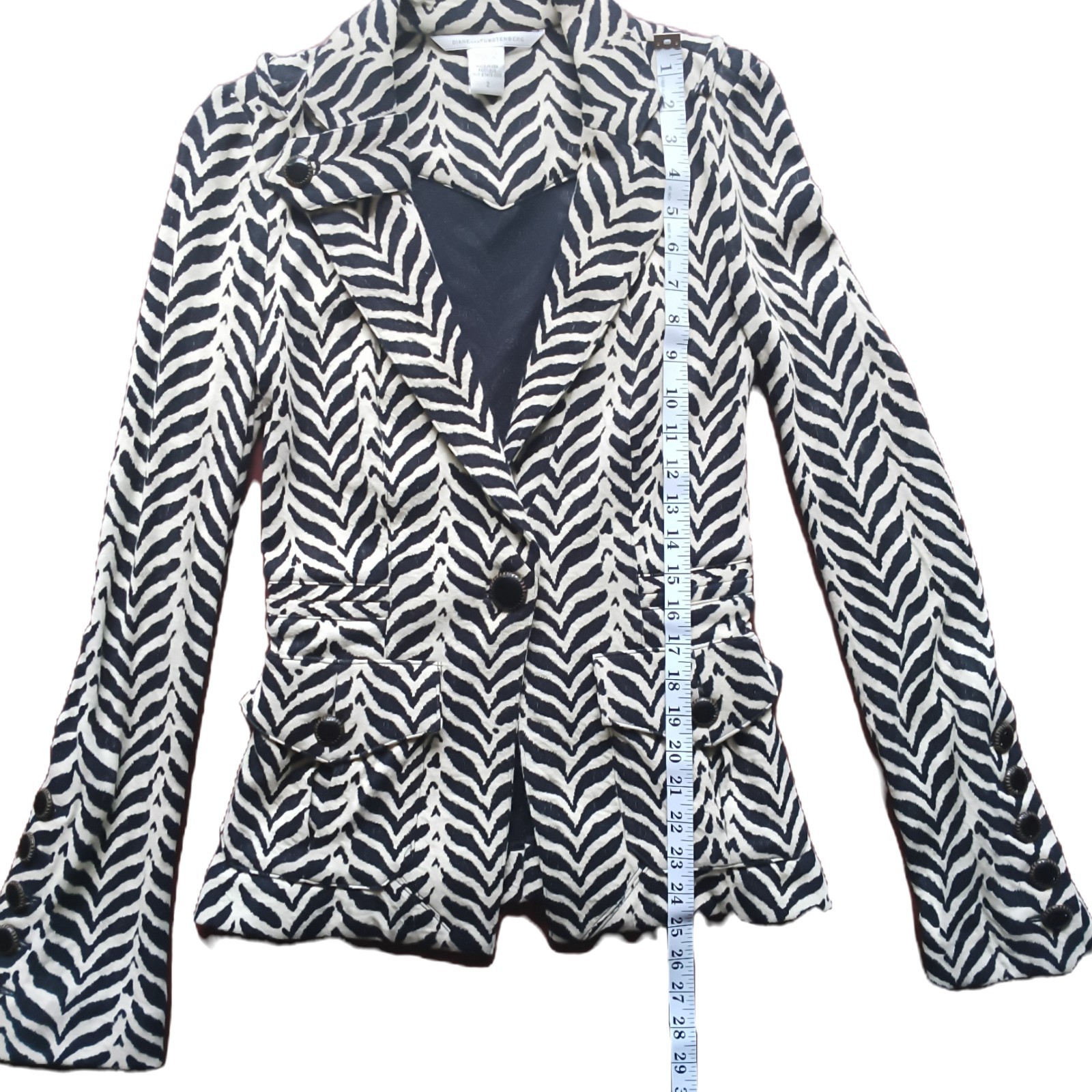 VTG DIANEvonFURSTENBERG ROCKAJILLY Black Brown Cream Zebra/Chevron Blazer W Sz 2