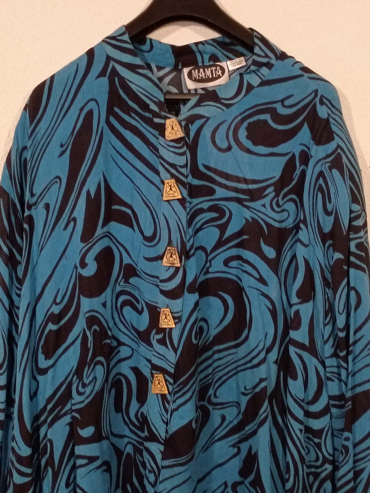 Vintage Mamta Blouse Dress Blue & Black Swirl Pattern Women’s One Size Fits All.