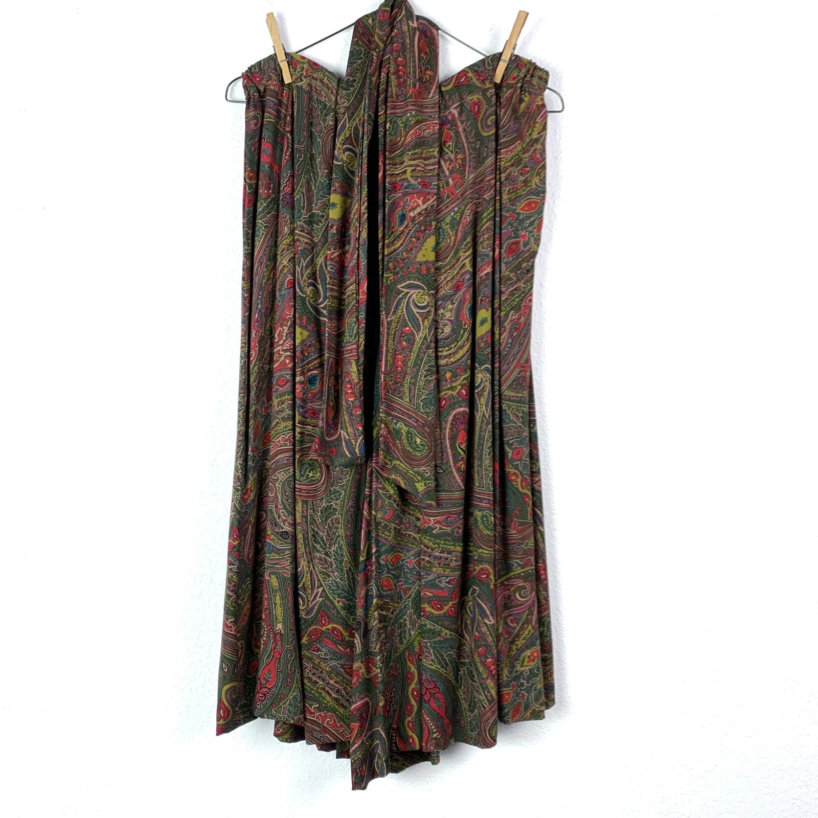 Vtg Handmade Brown Paisley Elastic Waist Harem Gaucho Pants With Scarf Waist 29″