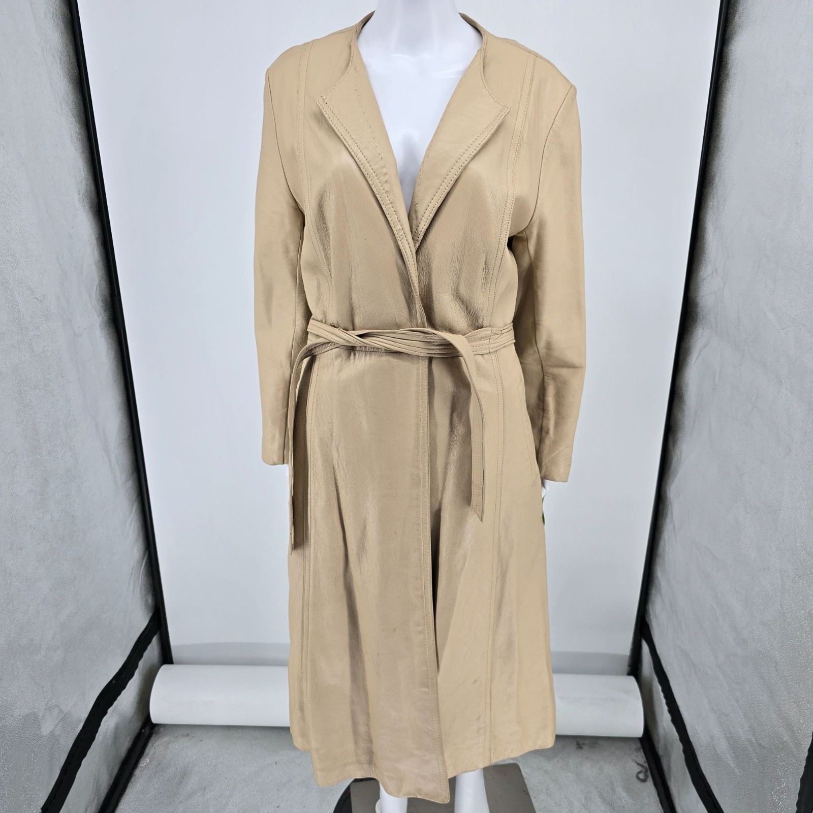 Vintage Late 1970s Vincent’s Indiana Beige Leather Wrap Belted Coat (M) *Fair
