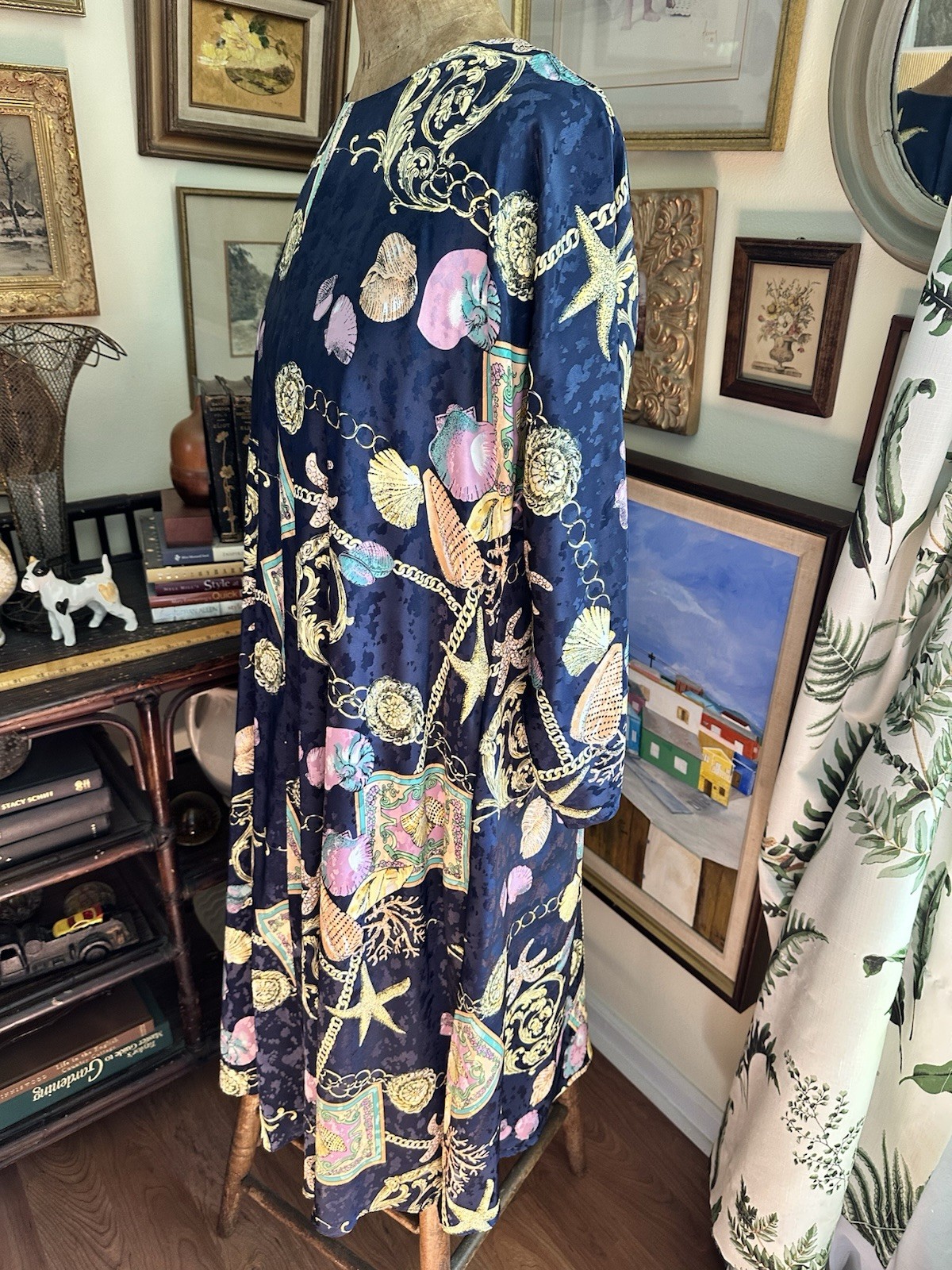 VTG Dolman Sleeve Dress Navy Shell Print W Pockets Size XL USA Made Handmade