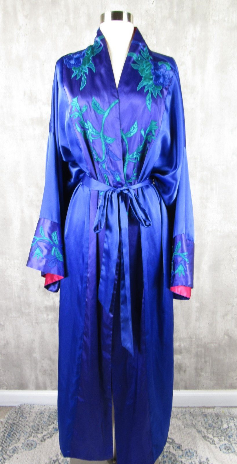 Vintage Solange Silky Satin Purple Applique Kimono Full Length Robe 1X 2X 3X