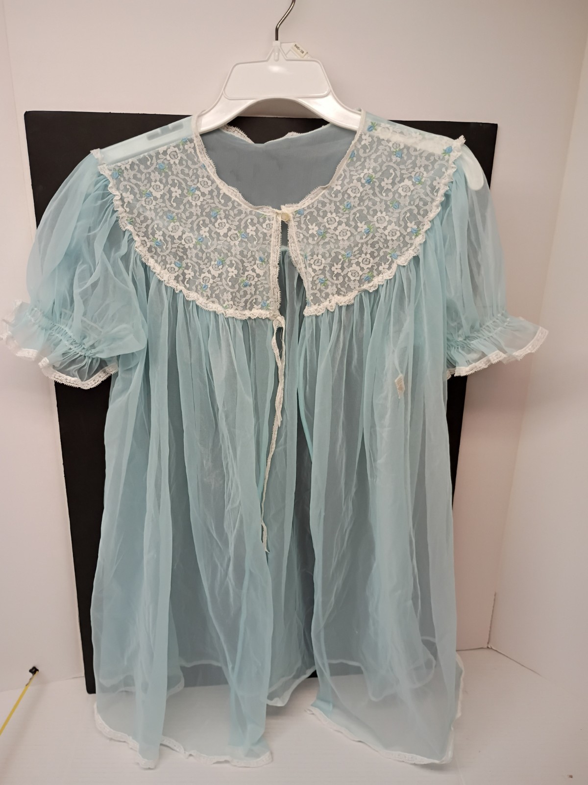 Miss Elaine Vintage Blue Sheer Peignoir Robe Lace Yoke Ruffle Short Sleeve
