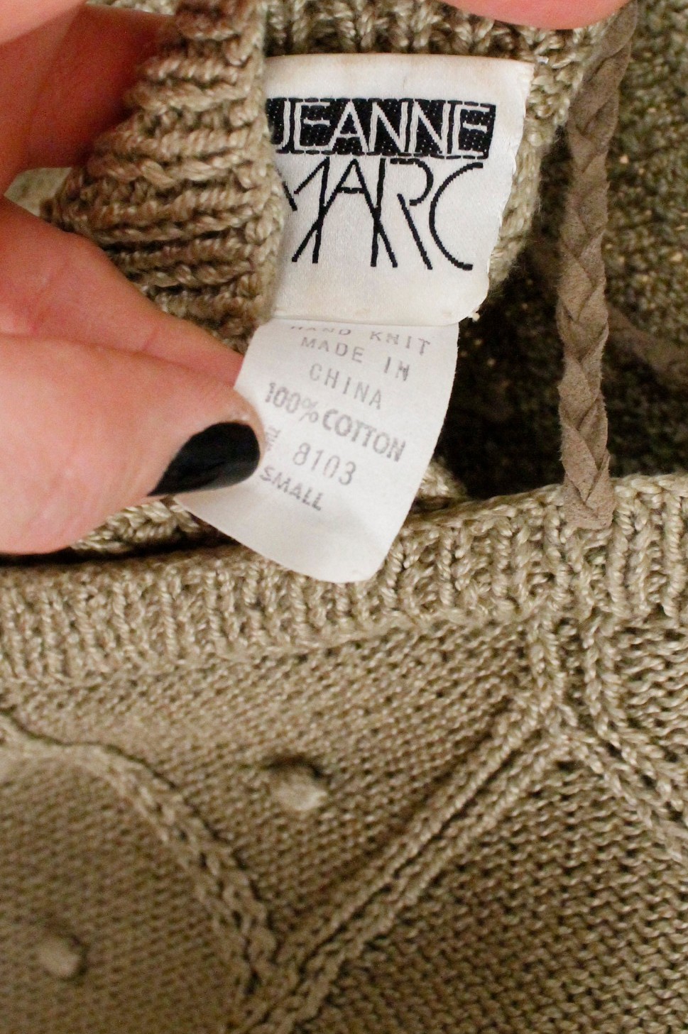 80s Vtg Jeanne Marc Olive Green Knit Cotton & Woven Leather Crop Sweater tag S-L