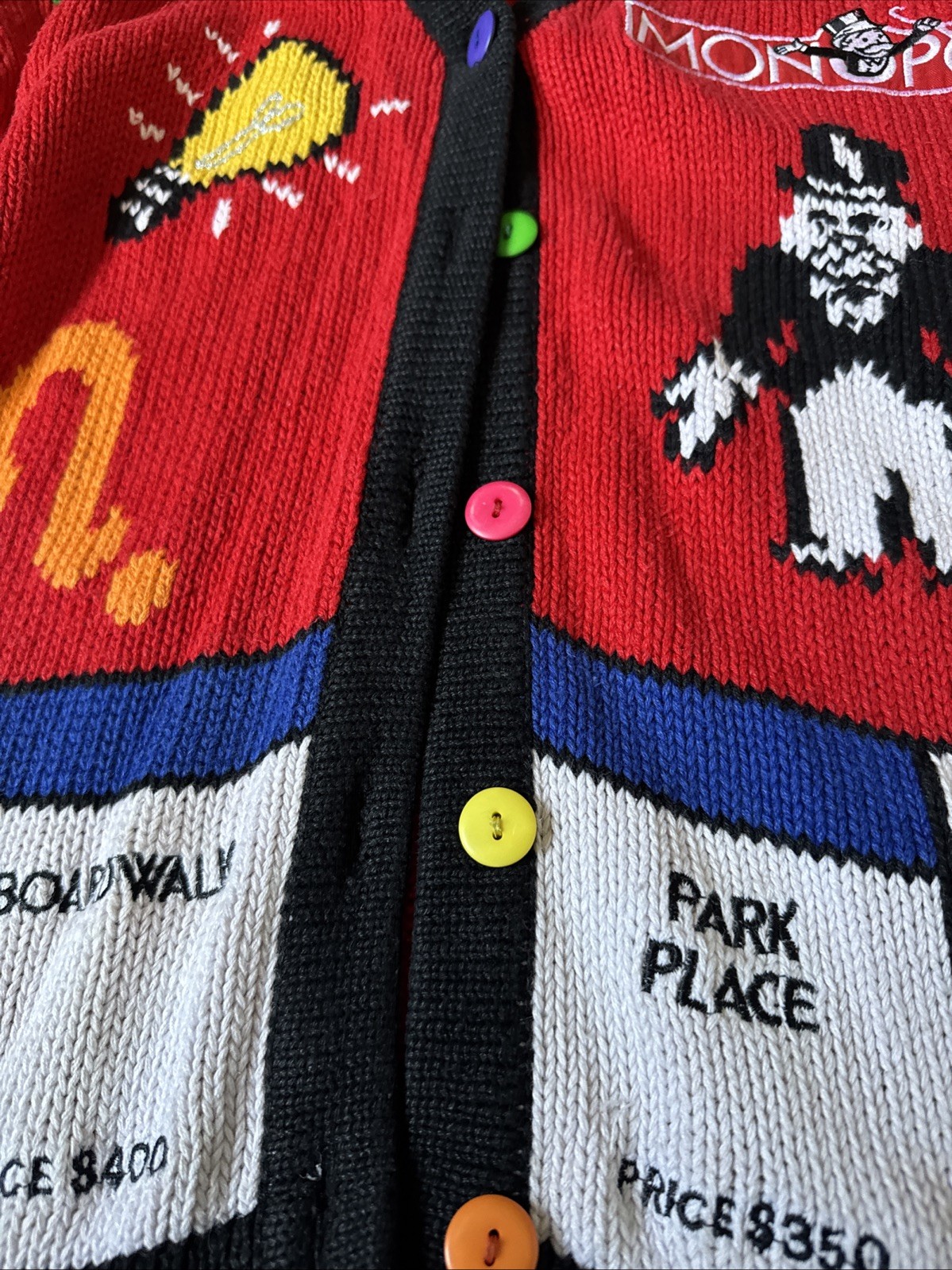 Vtg The Eagle’s Eye MONOPOLY BOARD GAME knit cardigan Women’s Size Medium RARE!