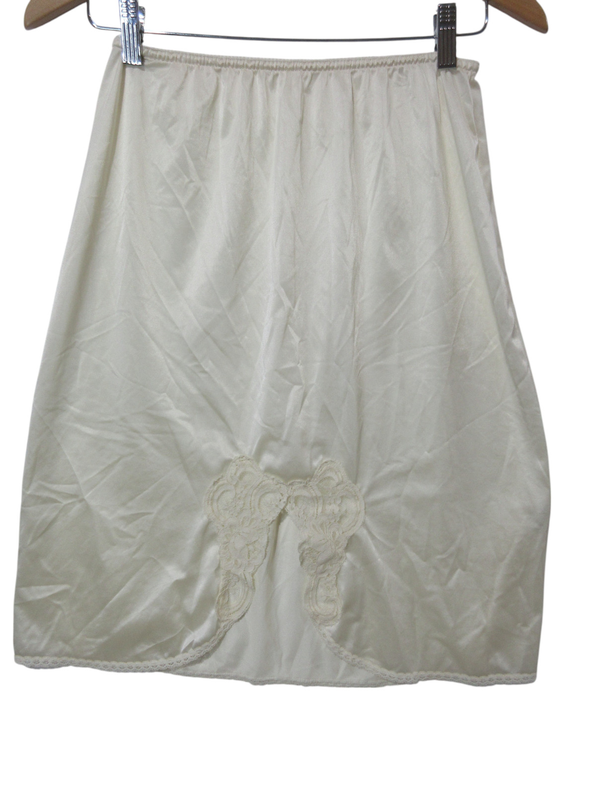 Sz L Vtg Nylon Ivory Slip Skirt Lace Back Slit USA Made Elastic Waist EXCELLENT