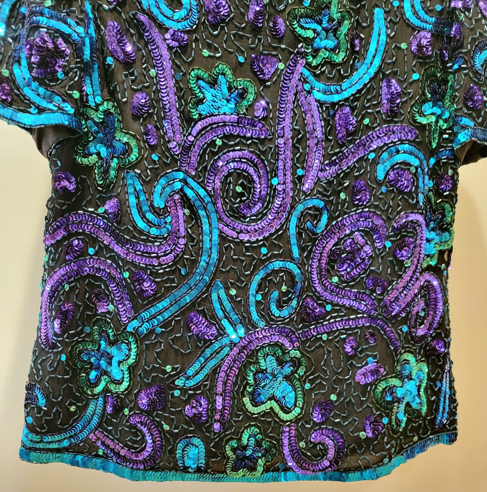 100% SILK Laurence Kazar Vintage Beaded/Sequined Embellished Blouse Blk/Blu PL