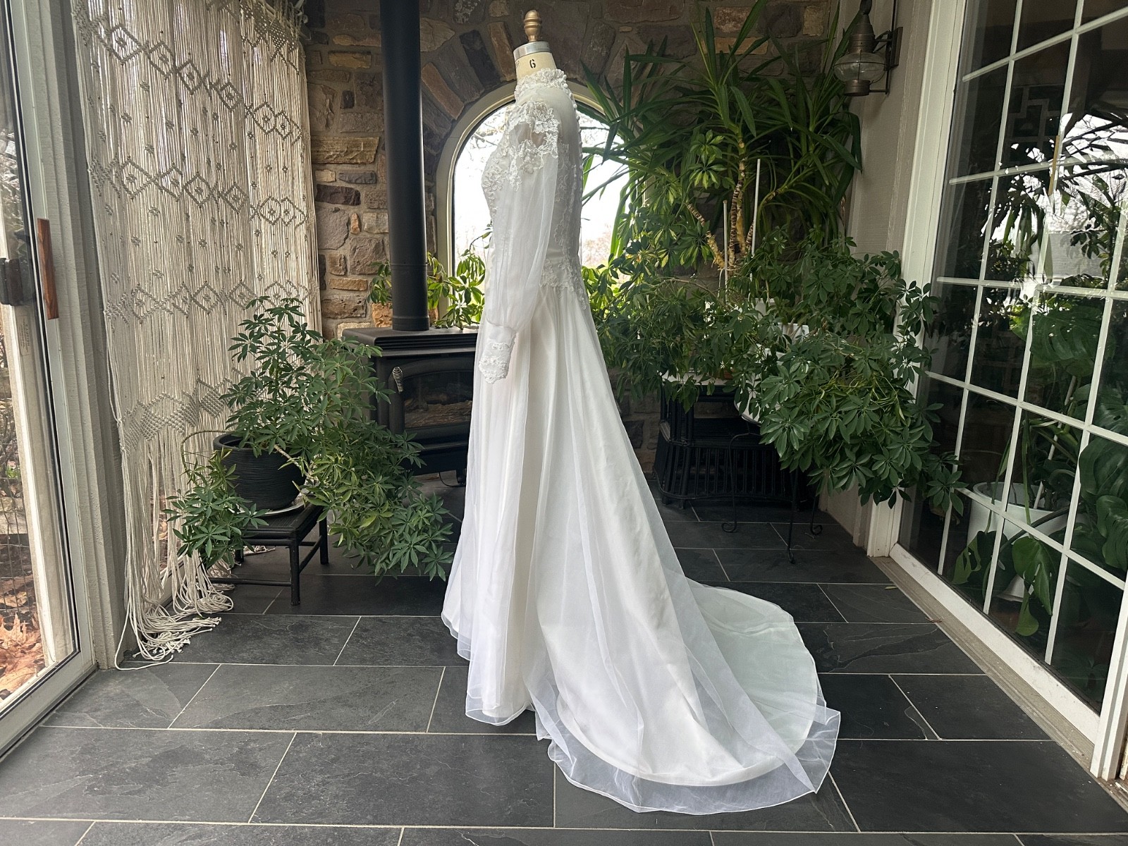 Vintage 1970s White High Neck Nylon Chiffon and Lace Wedding Gown