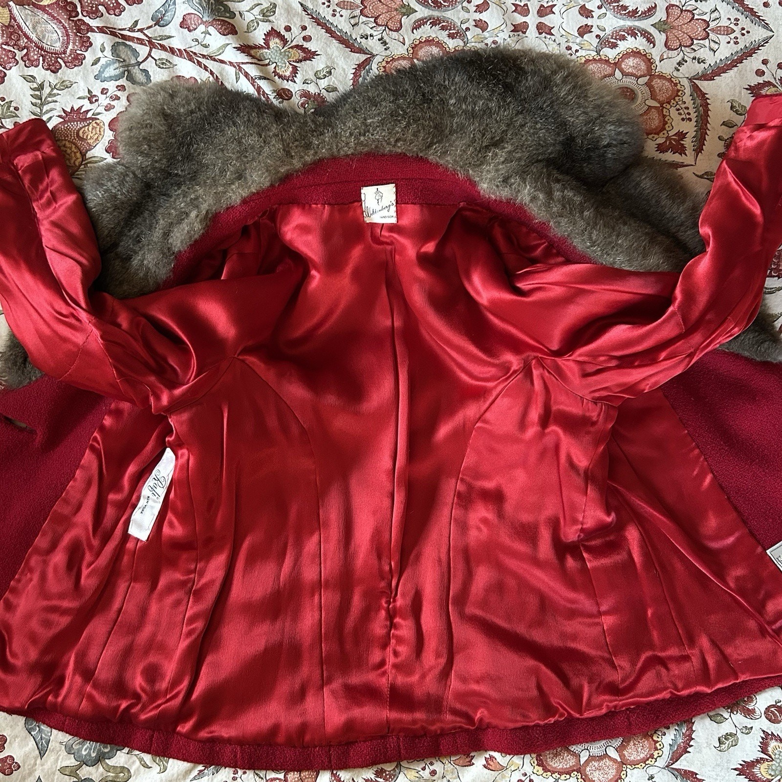 Vtg Forstmann Short Red Wool Jacket Shawl Fur Collar Measurements in Desc XS/S