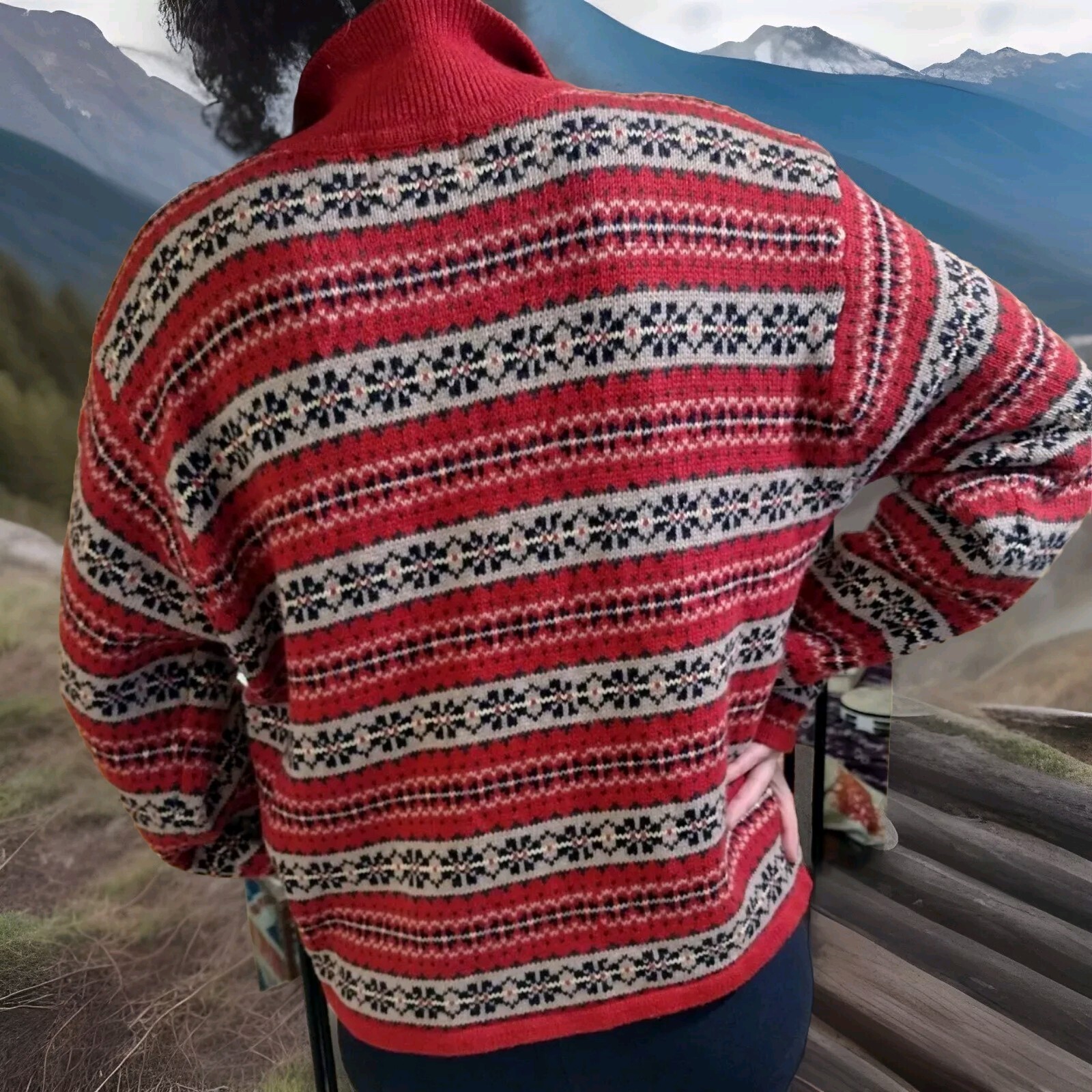 Paul Harris Design VINTAGE 1990’S L FairIsle Red/Multi Color, Zip Up Cardigan