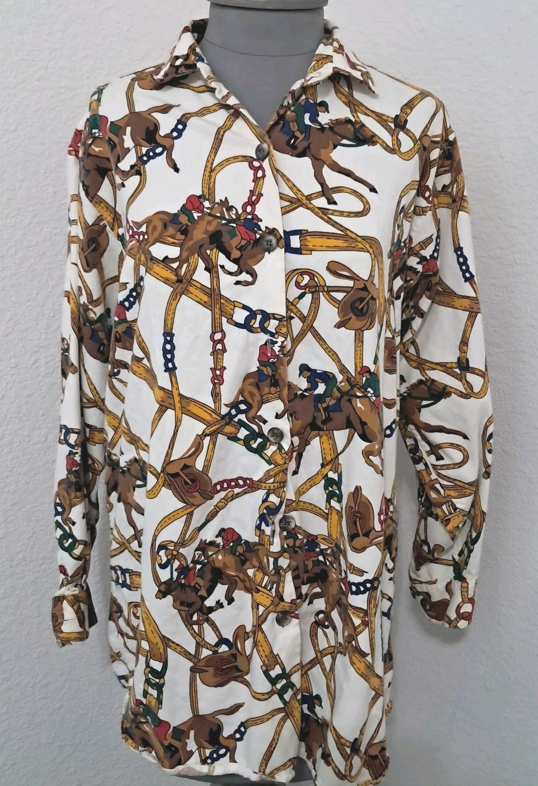 Vtg Cambridge Dry Goods Shirt 10 Equestrian Fox Hunt Dogs Horses Button Up