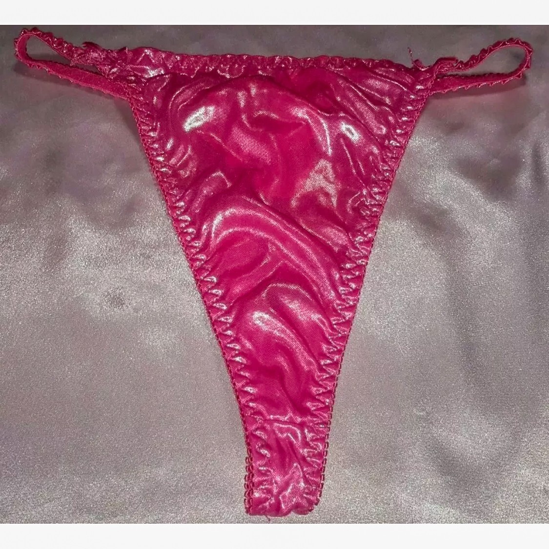 VTG Satin Hot Pink Metallic Foil Thong M6