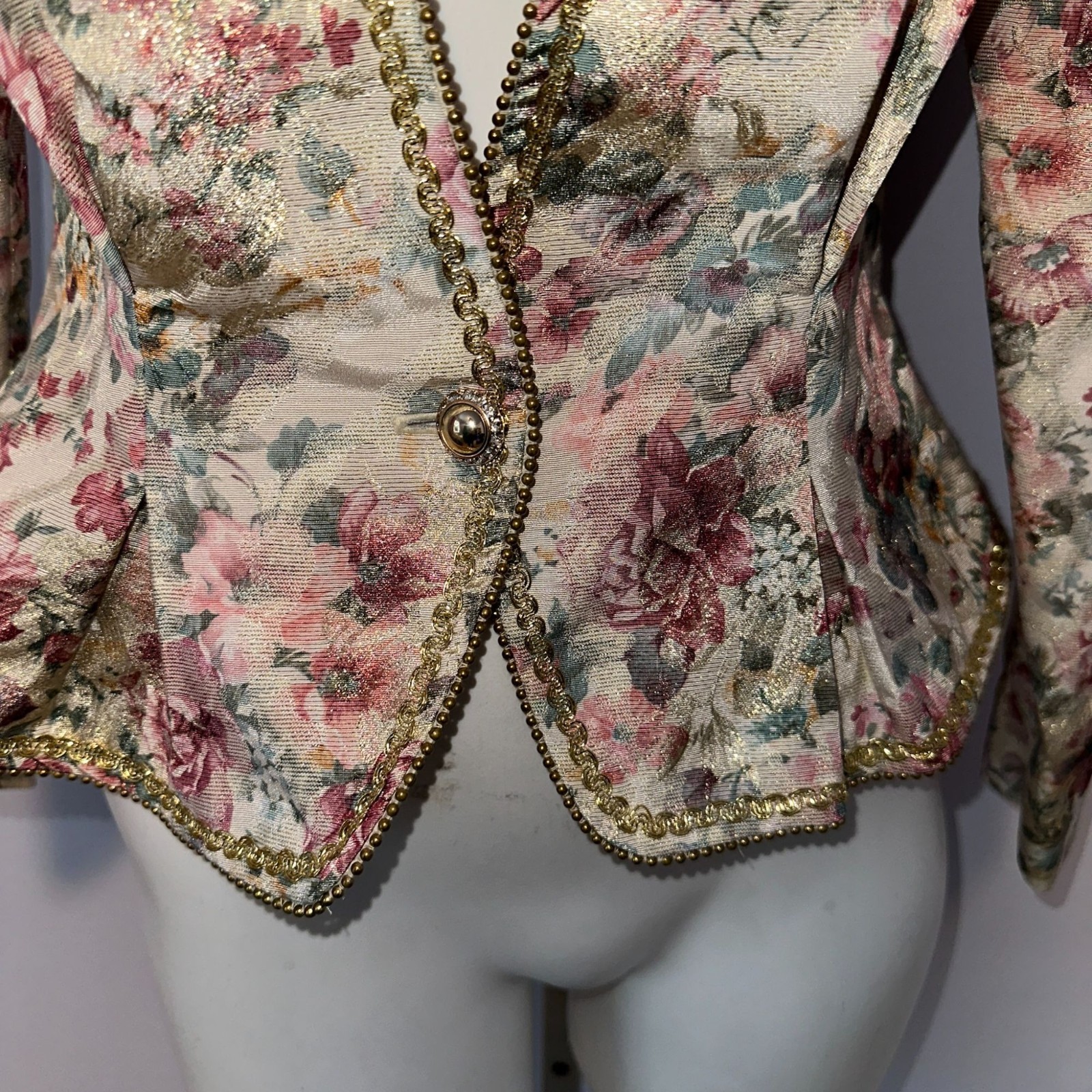 Vintage 1980s Nah Nah Floral Blazer 6 Gold Metallic Brocade Peplum Evening Jacke