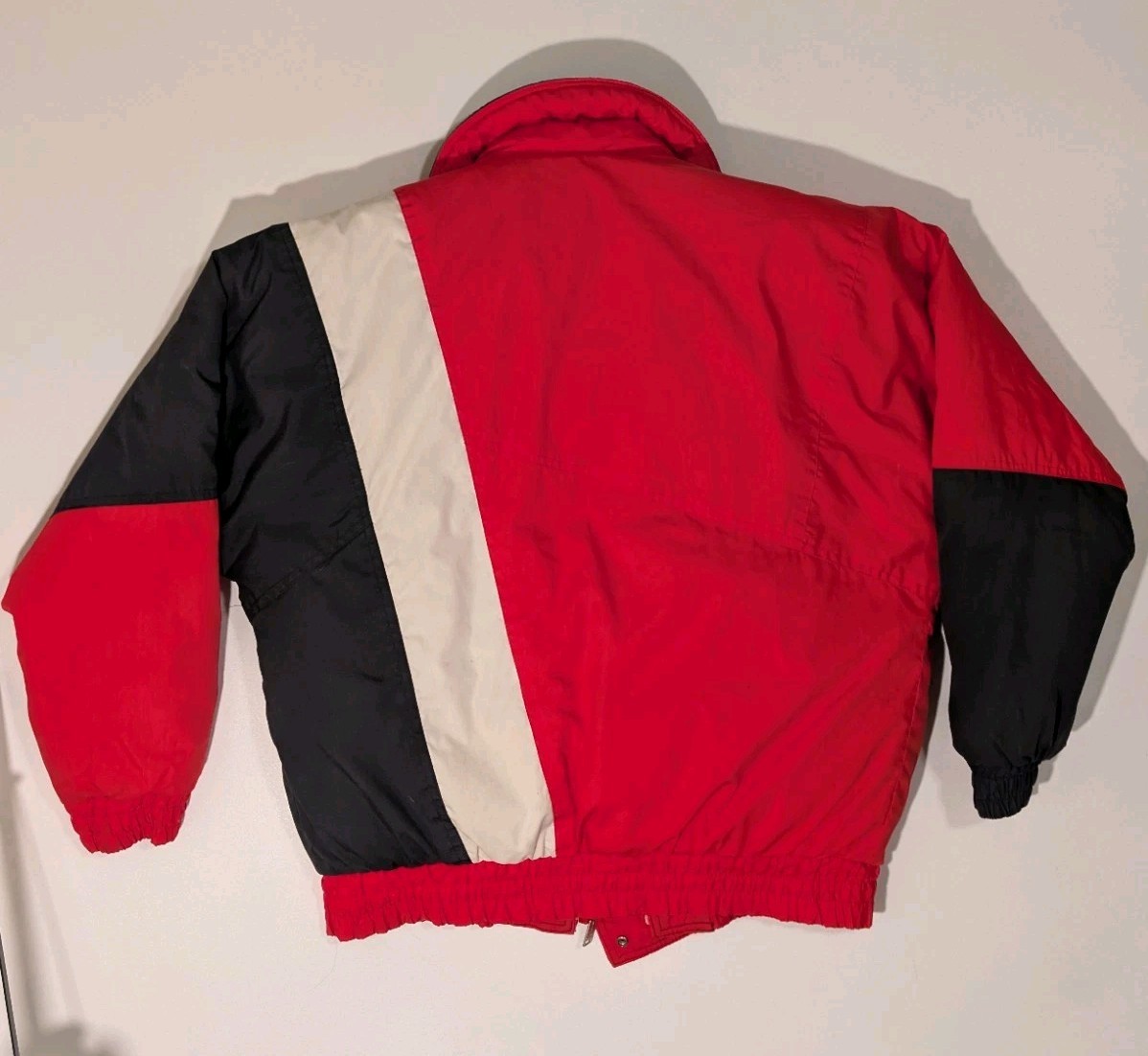Vintage Down Fill Downhill Racer Ski Jacket Red White Blue Color Block Geometic