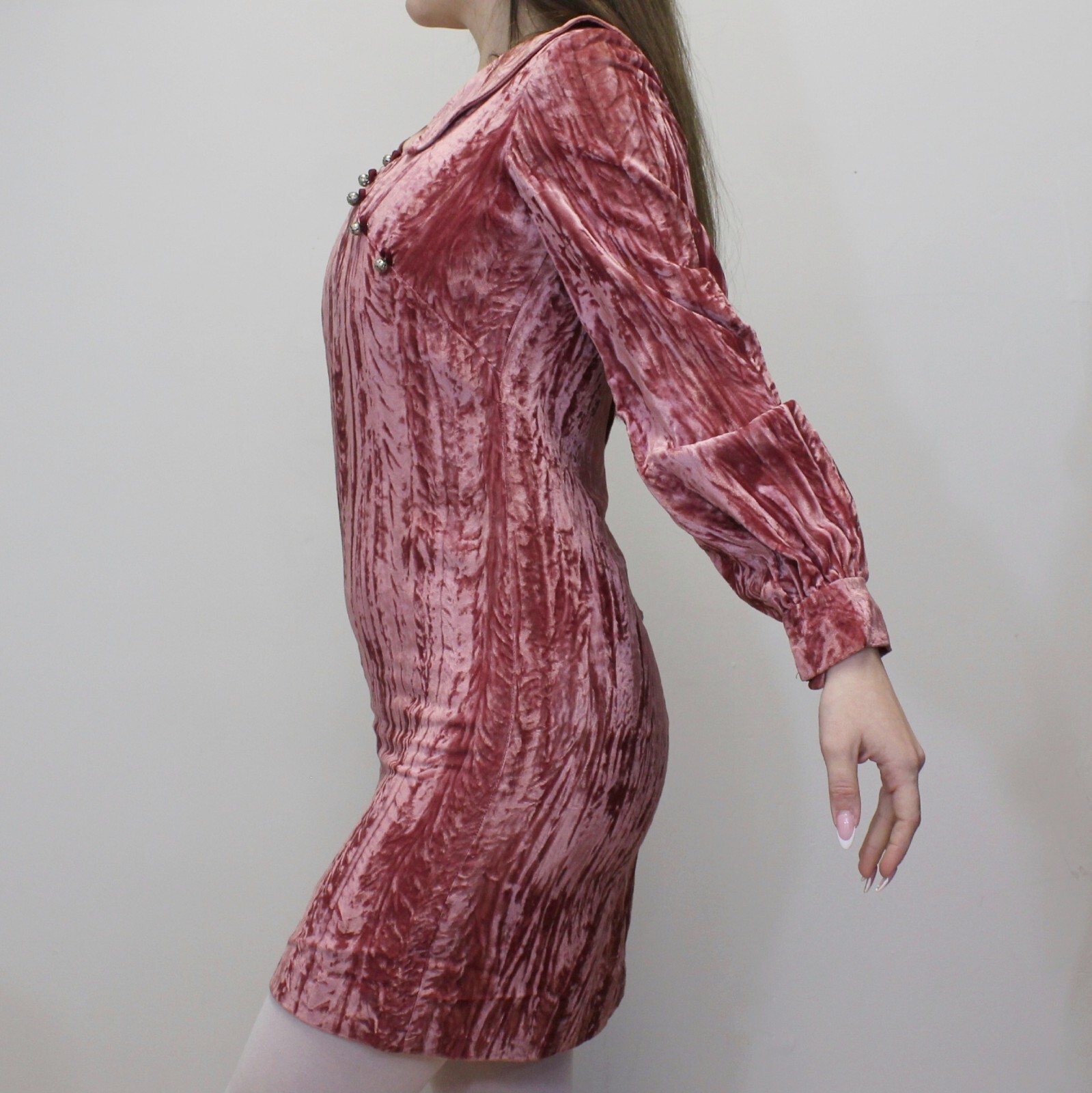 Vintage 60s Pink Crushed Velvet Mod Babydoll Mini Dress from Petites by Suzy