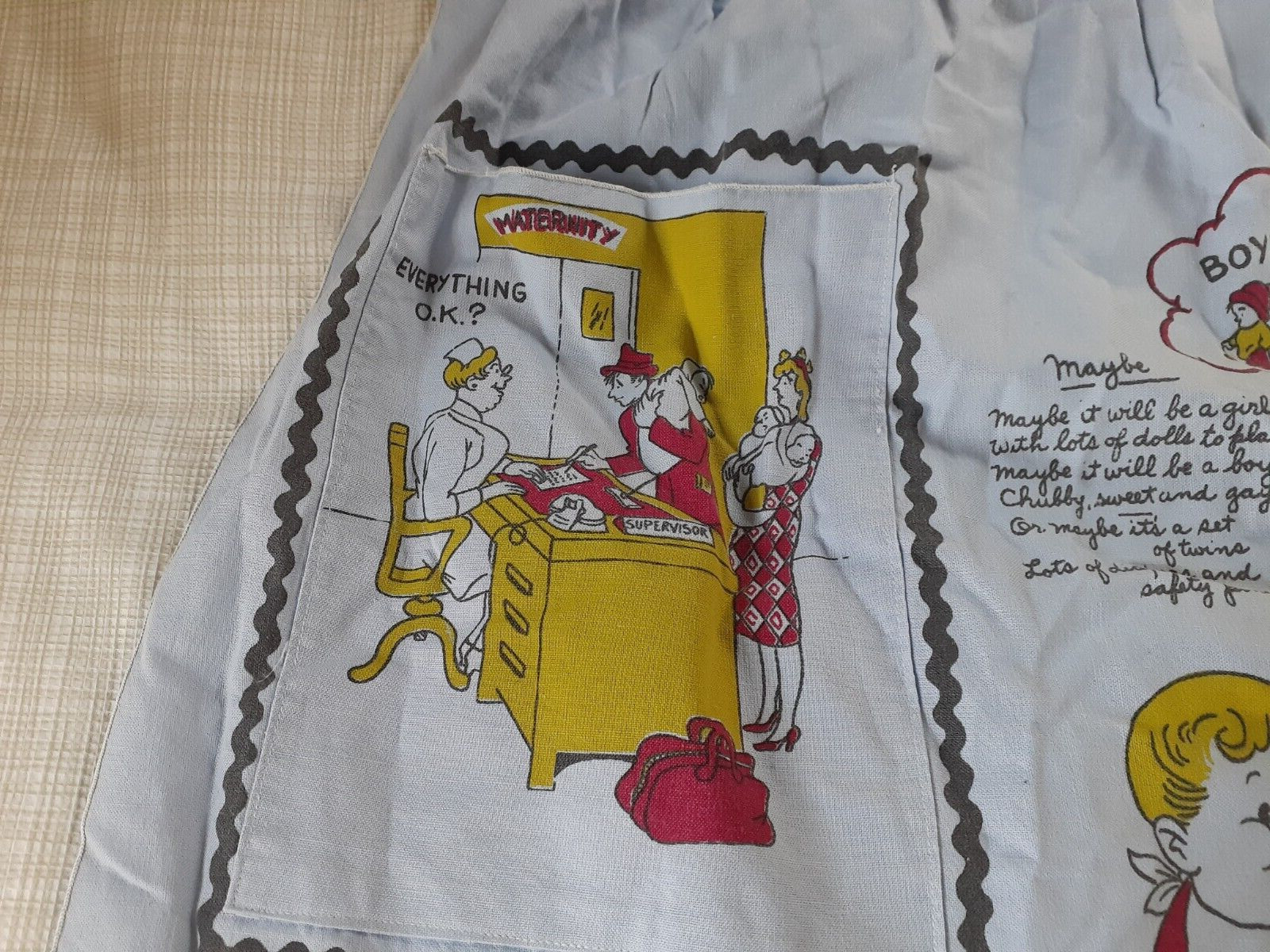 Vintage 1955 M. Setton Blue Expectant mother Comical Apron Baby Shower Gift !!