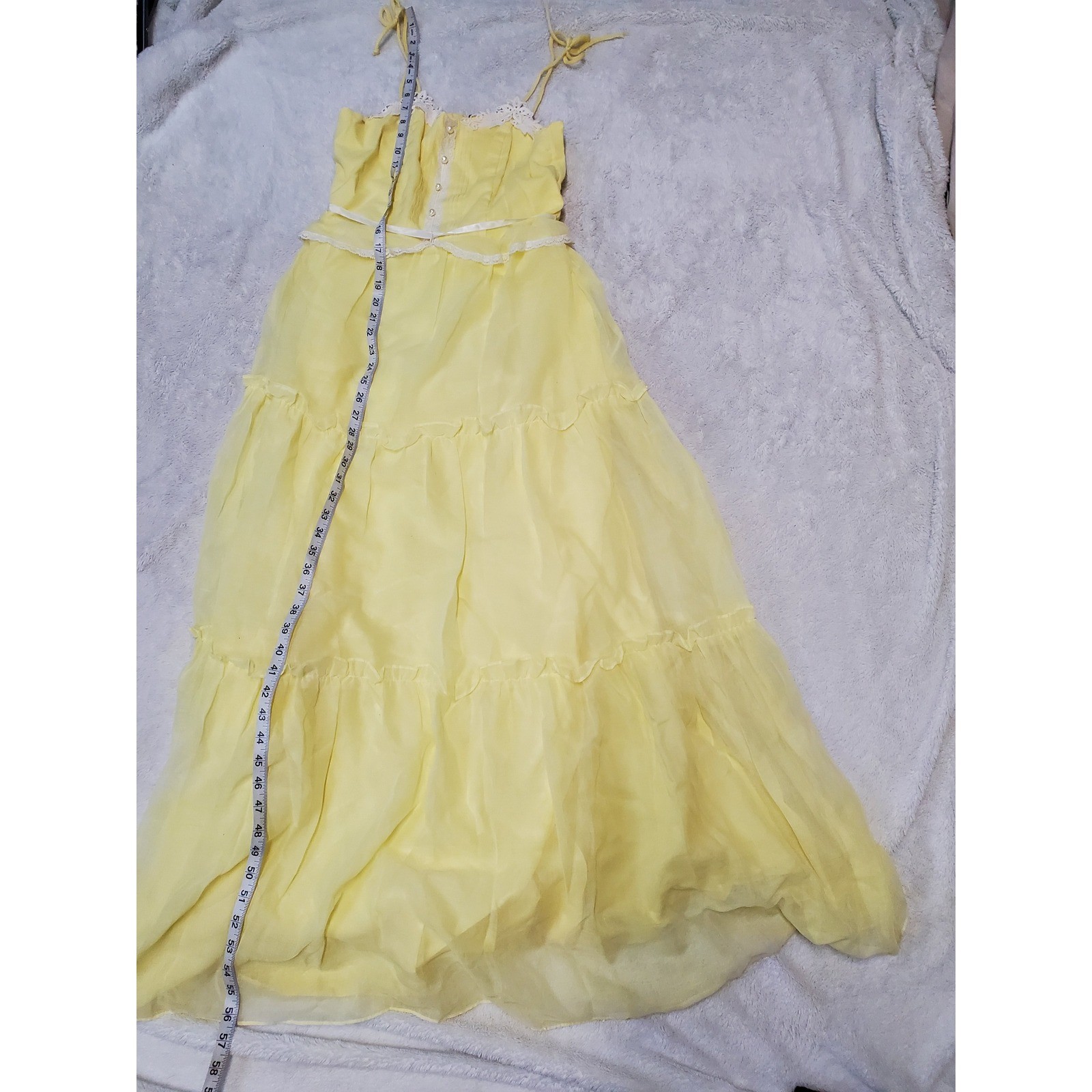 Vintage Soft Yellow White Lace Spaghetti Strap Tiered Babydoll Maxi Dress 11 XS