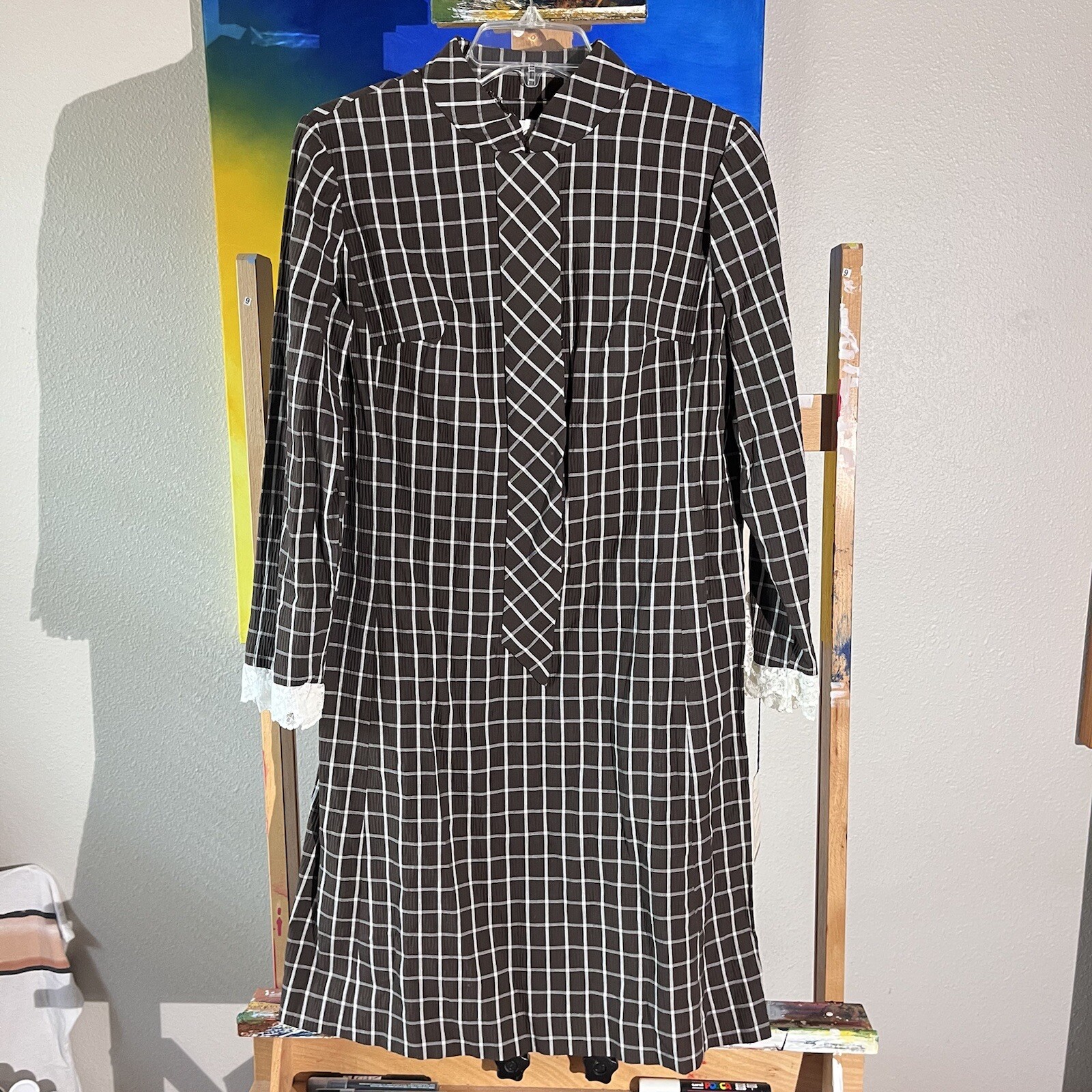 Vintage 1950s Midi Dress Windowpane Lace Scooter Long Sleeve Size 10 Kay Windsor